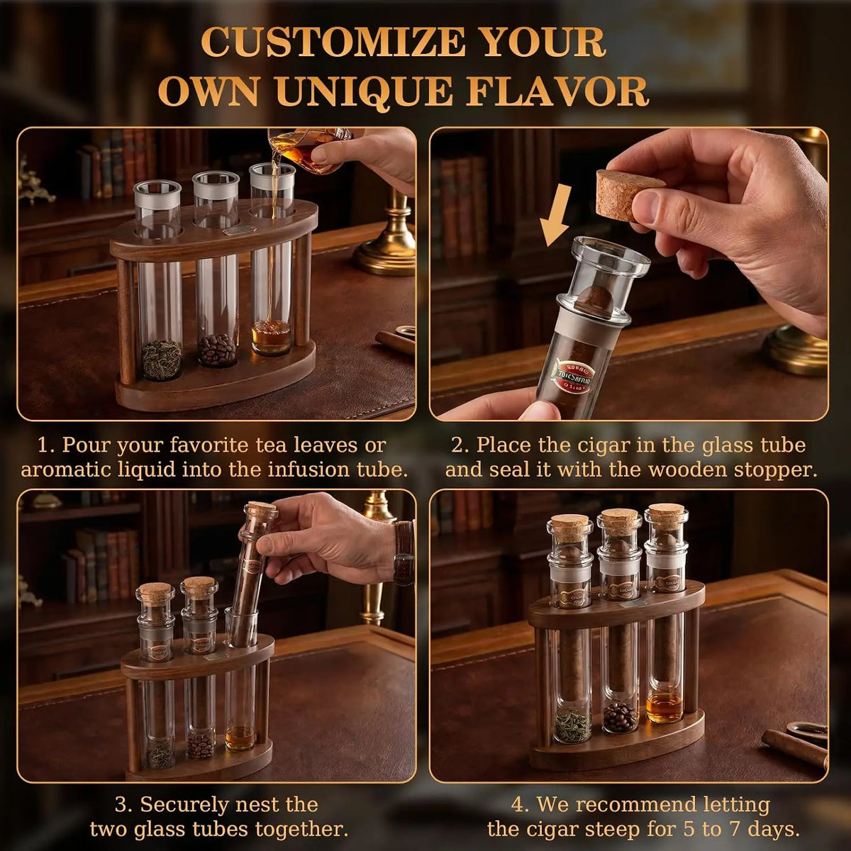 Aromatic liquid poured into outer tube base for 5 to 7 day cigar flavor steep
