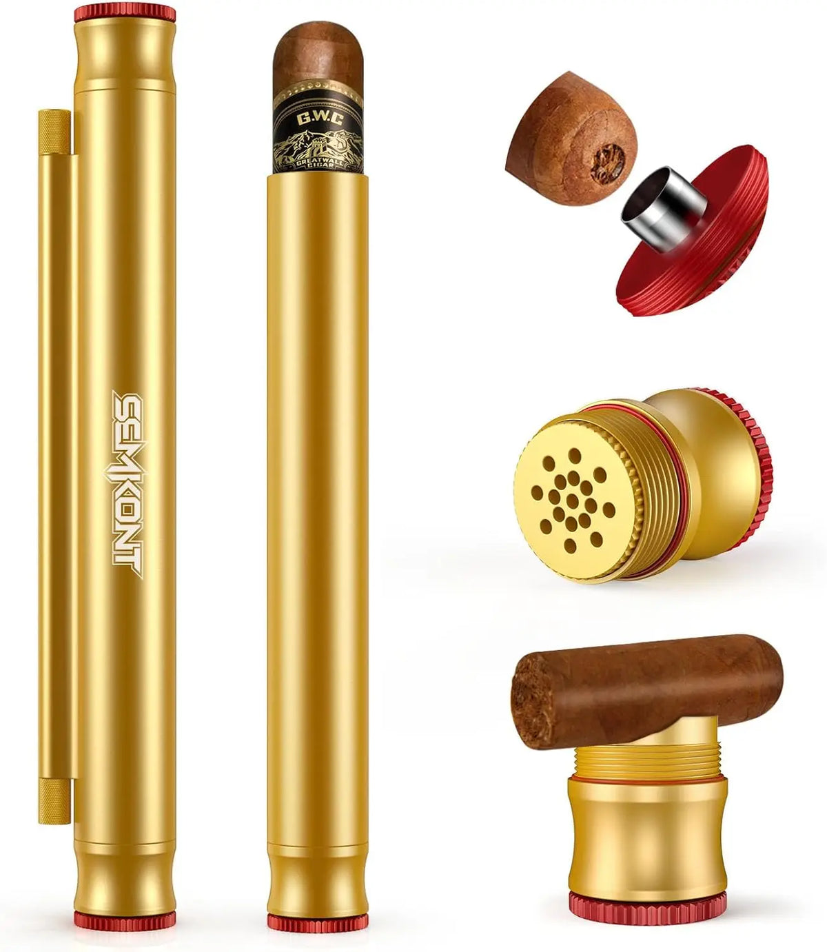 Matte black and brushed gold travel cigar tubes side by side, color comparison