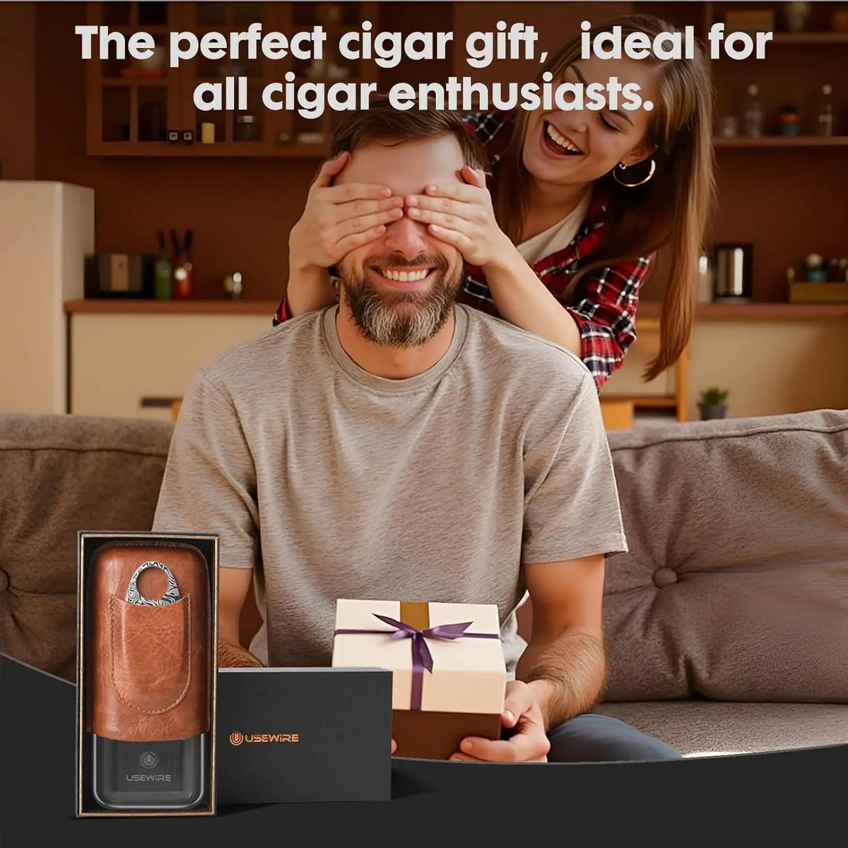 Cigar cutter stored in front pocket of acrylic travel cigar case