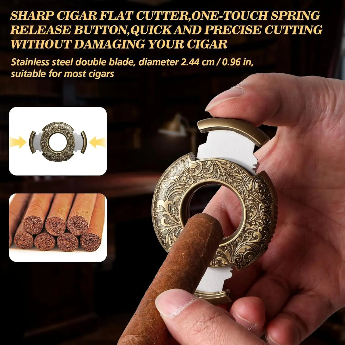 Scotte cigar cutter one-touch release button detail, bronze finish close-up