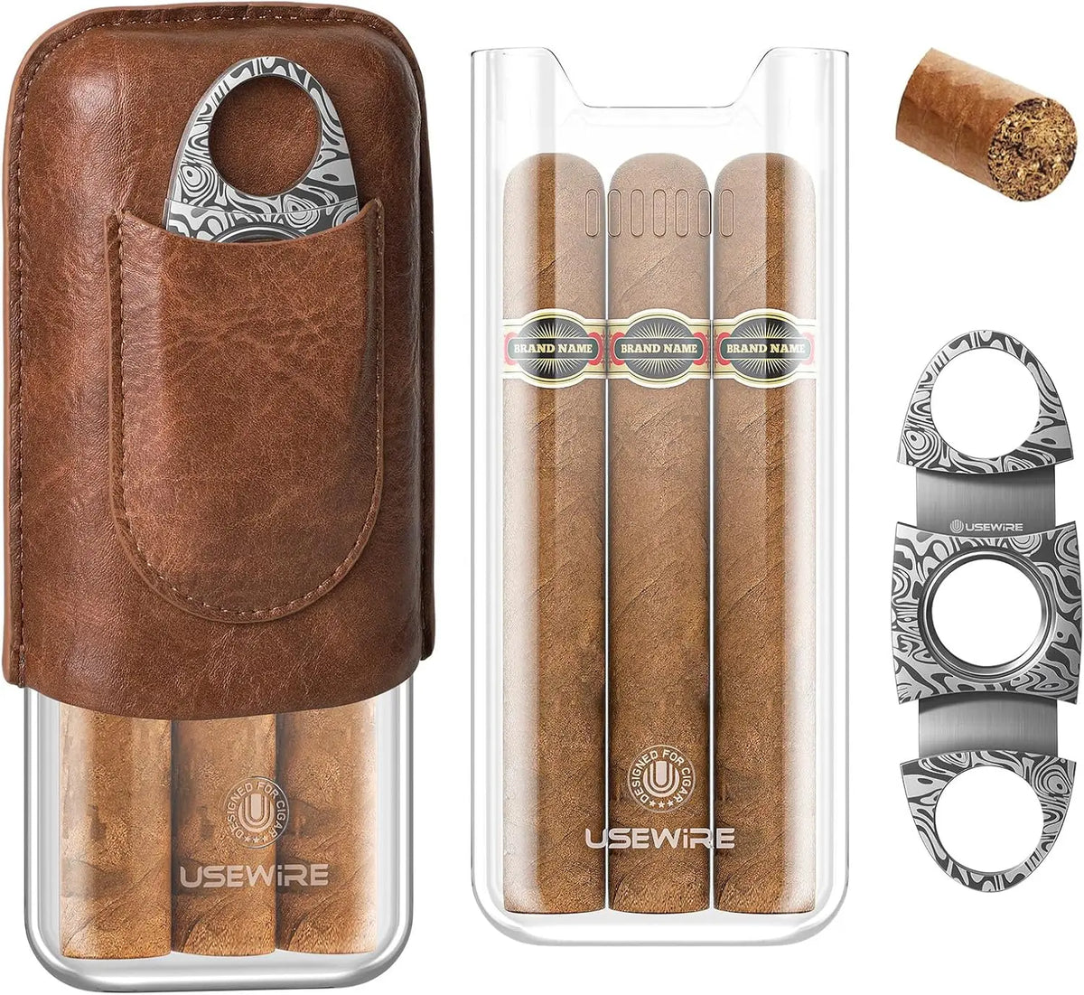 Acrylic cigar case interior with three cigars loaded, ring gauge 60