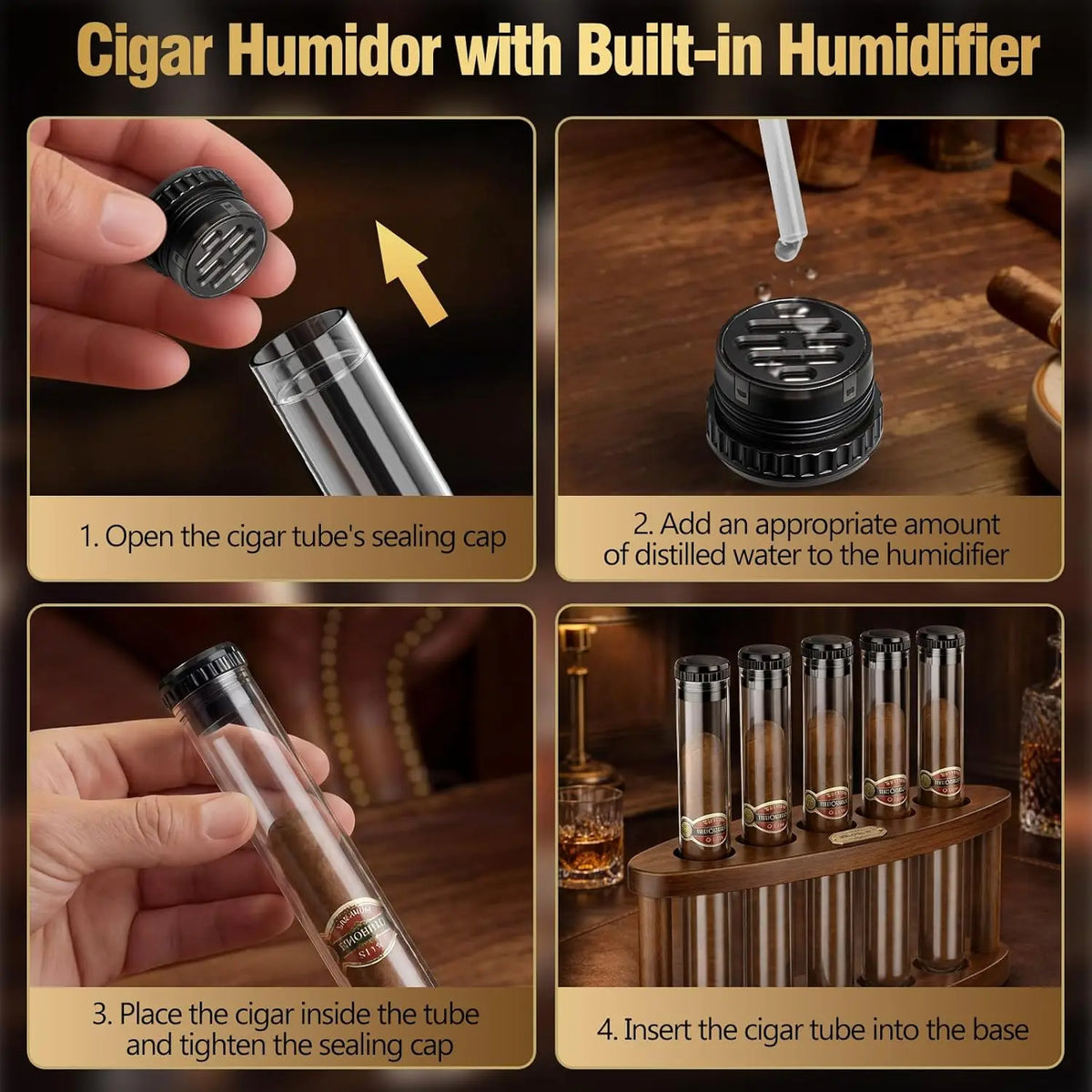 Built-in humidifier element inside cigar tube cap, detail view for moisture retention