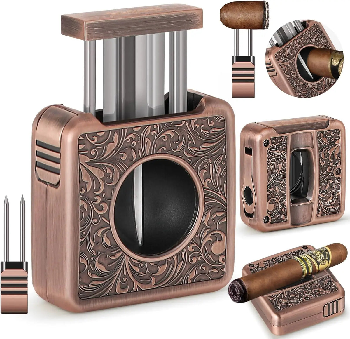 4-in-1 cigar cutter red variant with engraved copper-plated zinc alloy body