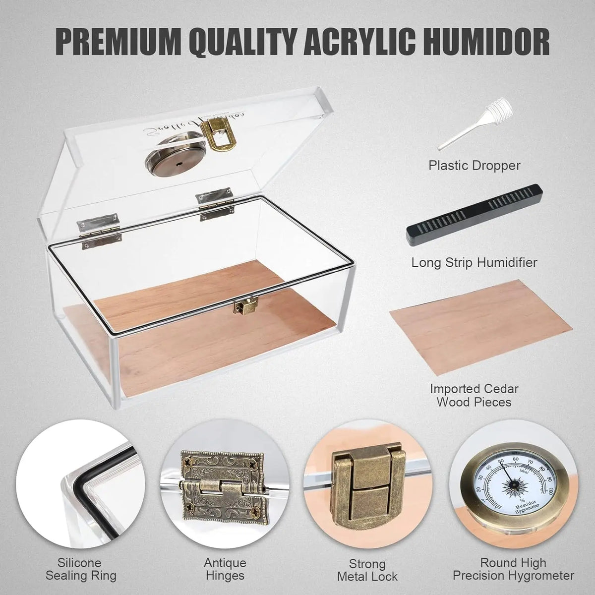 Lid-mounted hygrometer on Scotte transparent cigar humidor, close-up view