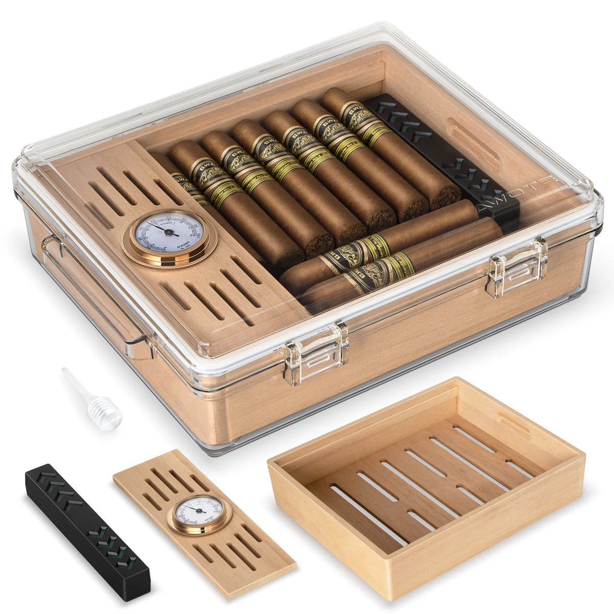 Acrylic cigar humidor snap-locking rubber seal close-up detail