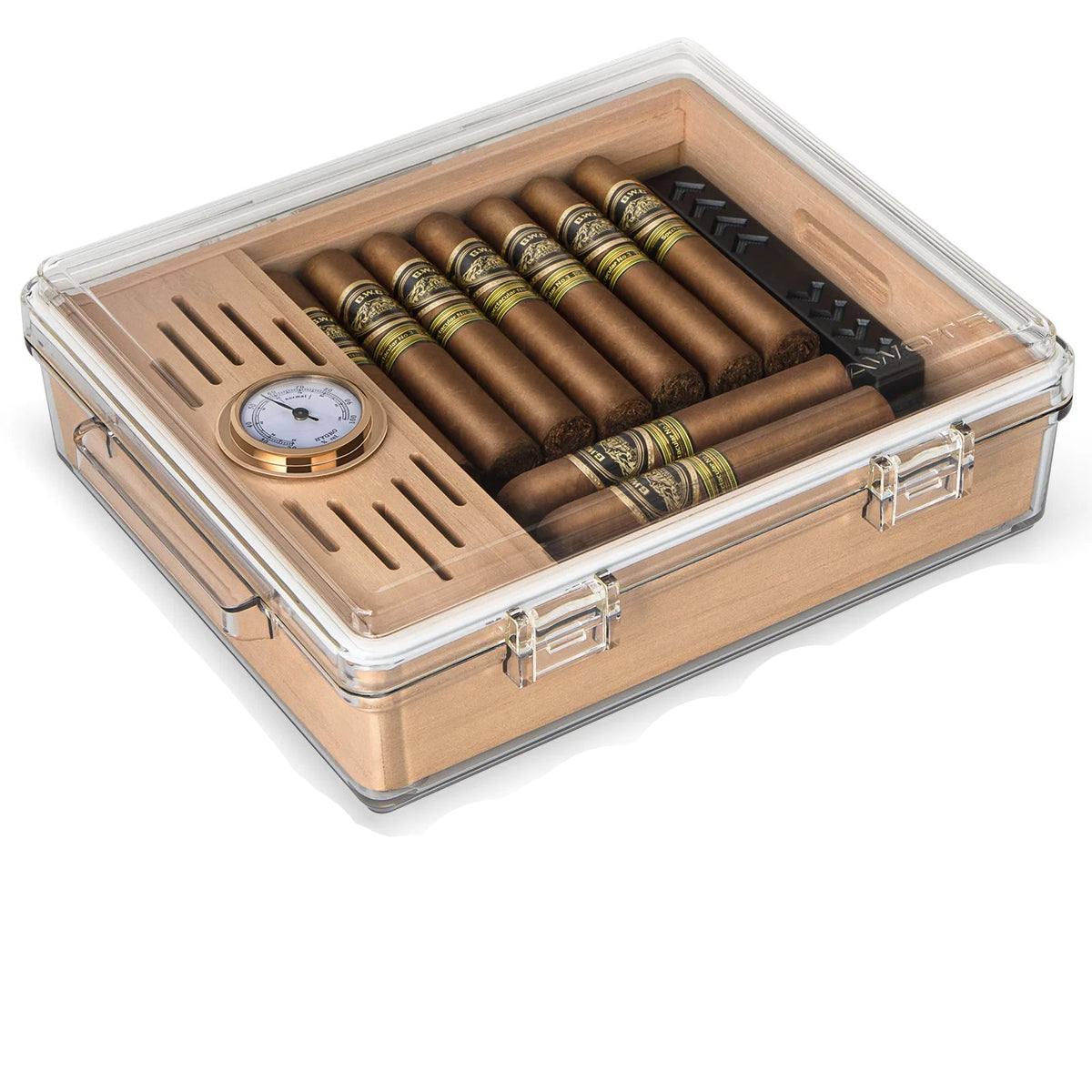 Clear acrylic humidor lid open showing cedar wood shelf and built-in humidifier