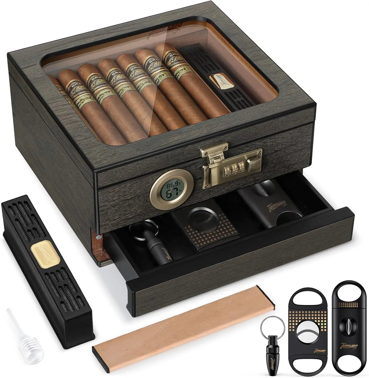 Cedar Wood Desktop Cigar Humidor with Glass Top