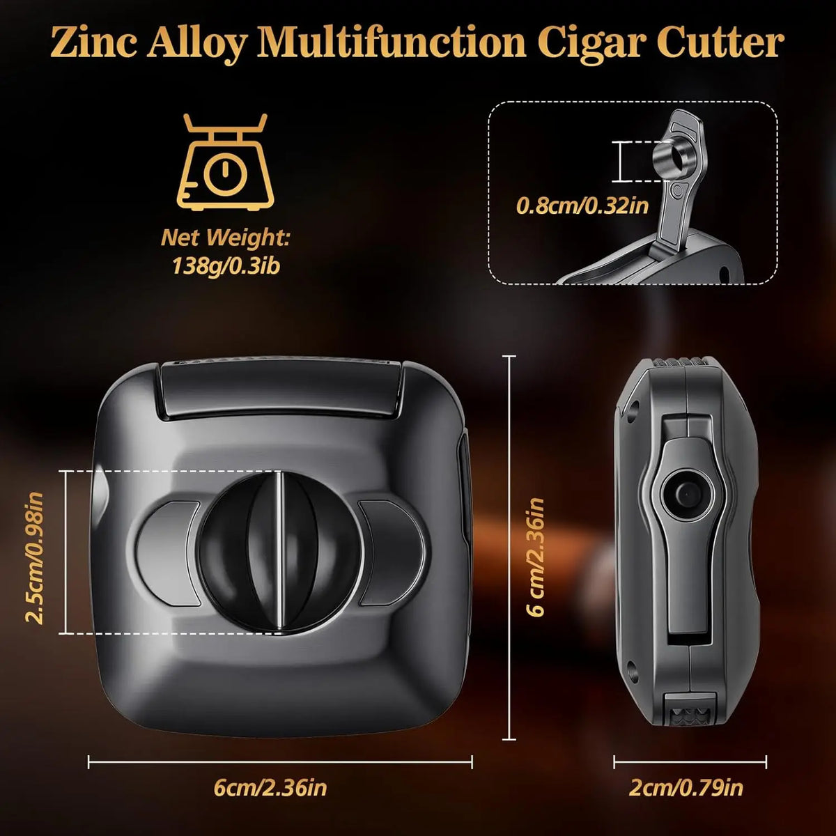 Dual-pin ash holder gripping cigar stub, stainless steel cutter accessory