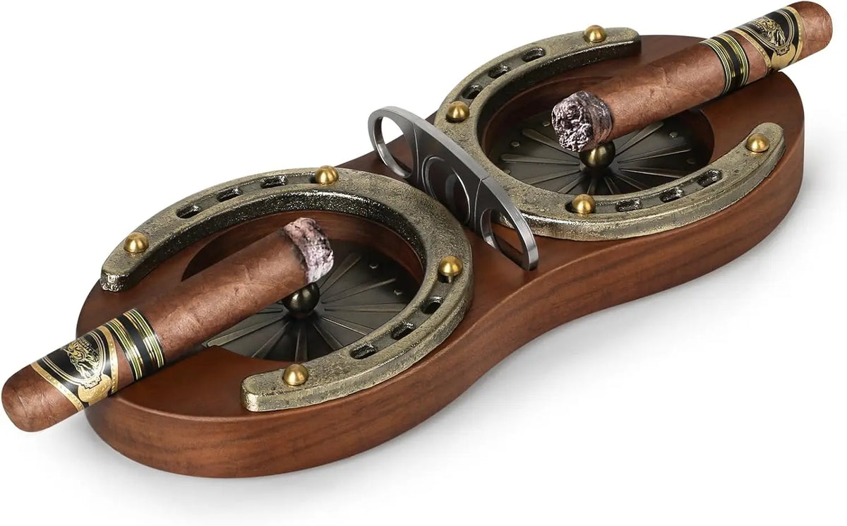 Horseshoe wooden cigar ashtray gift presentation, solid wood grain and classic horseshoe shape detail