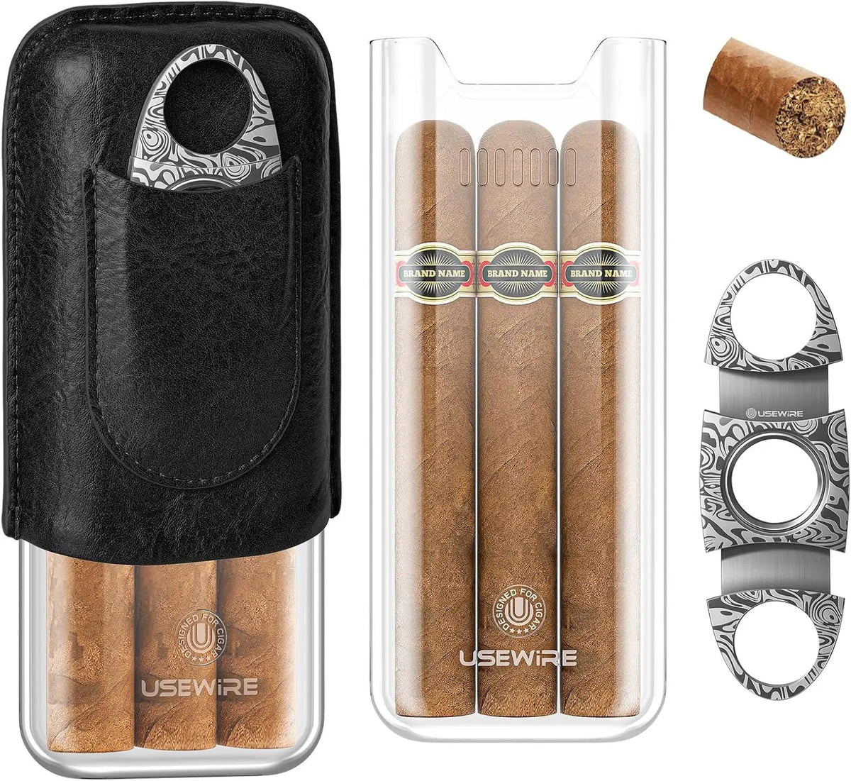 Acrylic cigar case and stainless cutter set laid flat, gift box open
