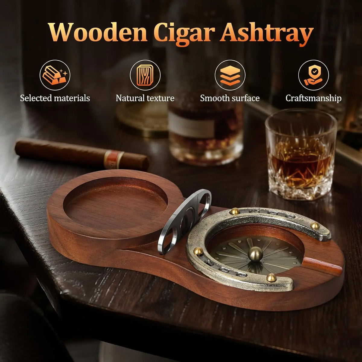 Horseshoe cigar ashtray with whiskey glass positioned in tray slot, patio lifestyle setting