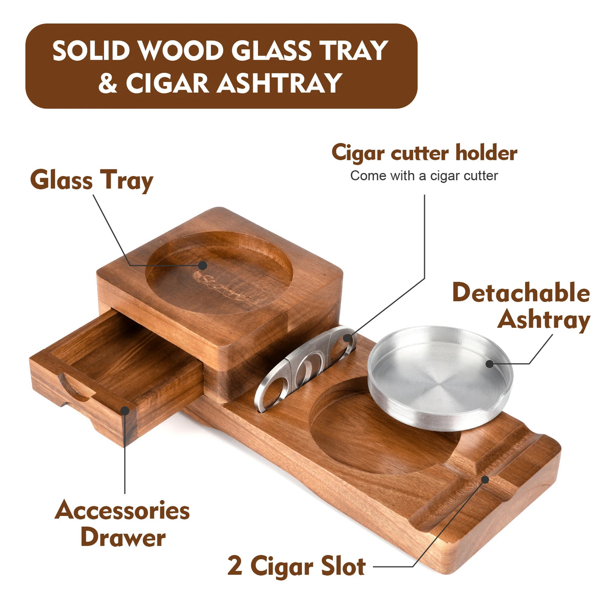 Removable aluminum ashtray insert lifted from Scotte wooden tray showing clean separation