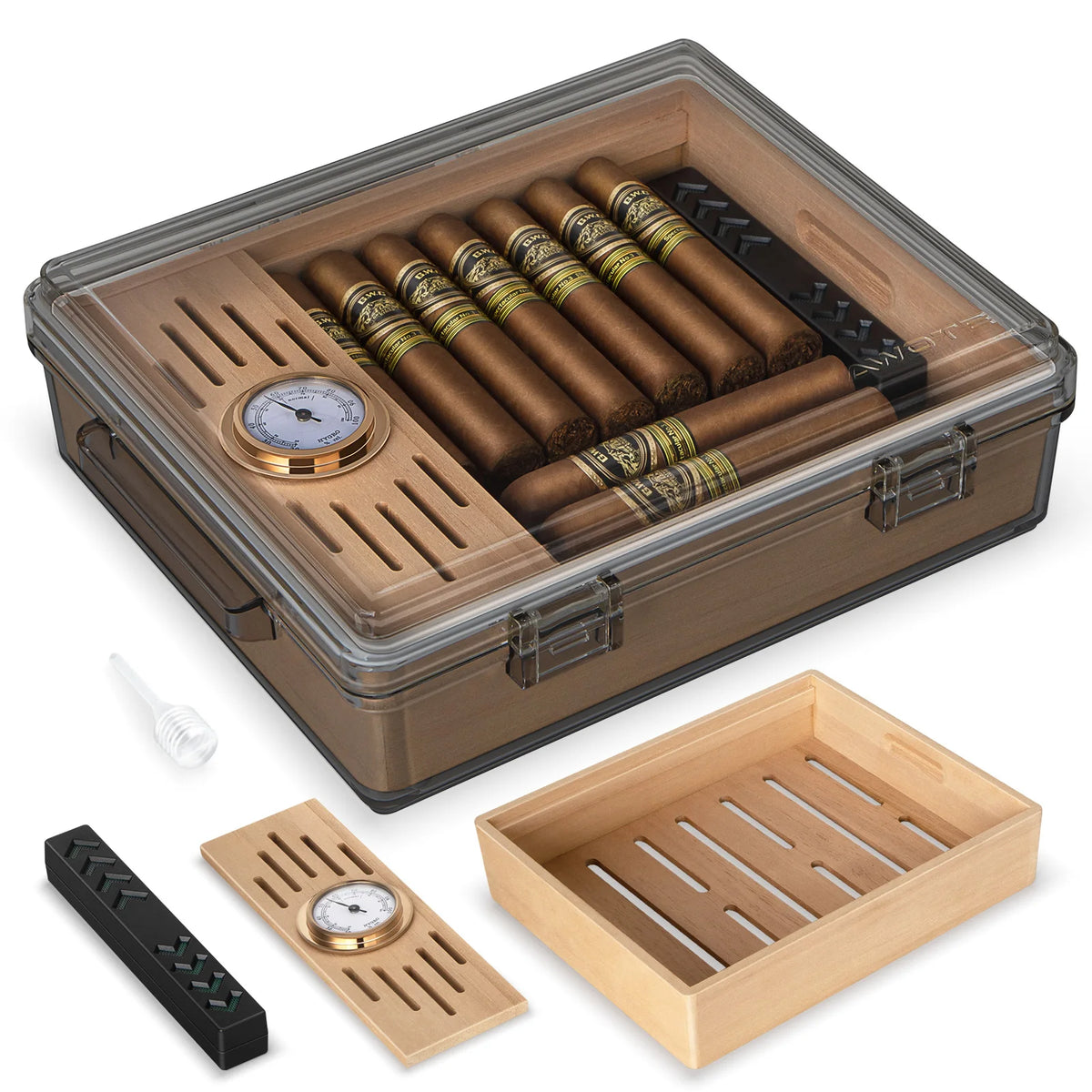 Grey acrylic cigar humidor variant with hygrometer reading 70% RH