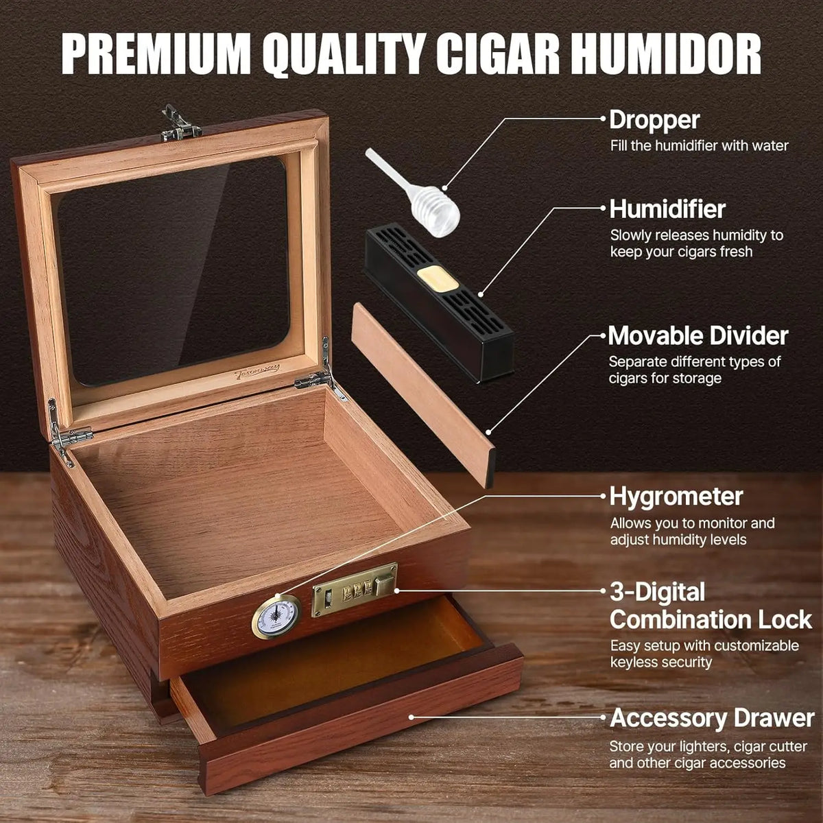 Bronze analog hygrometer on cedar wood cigar humidor showing 70 percent humidity