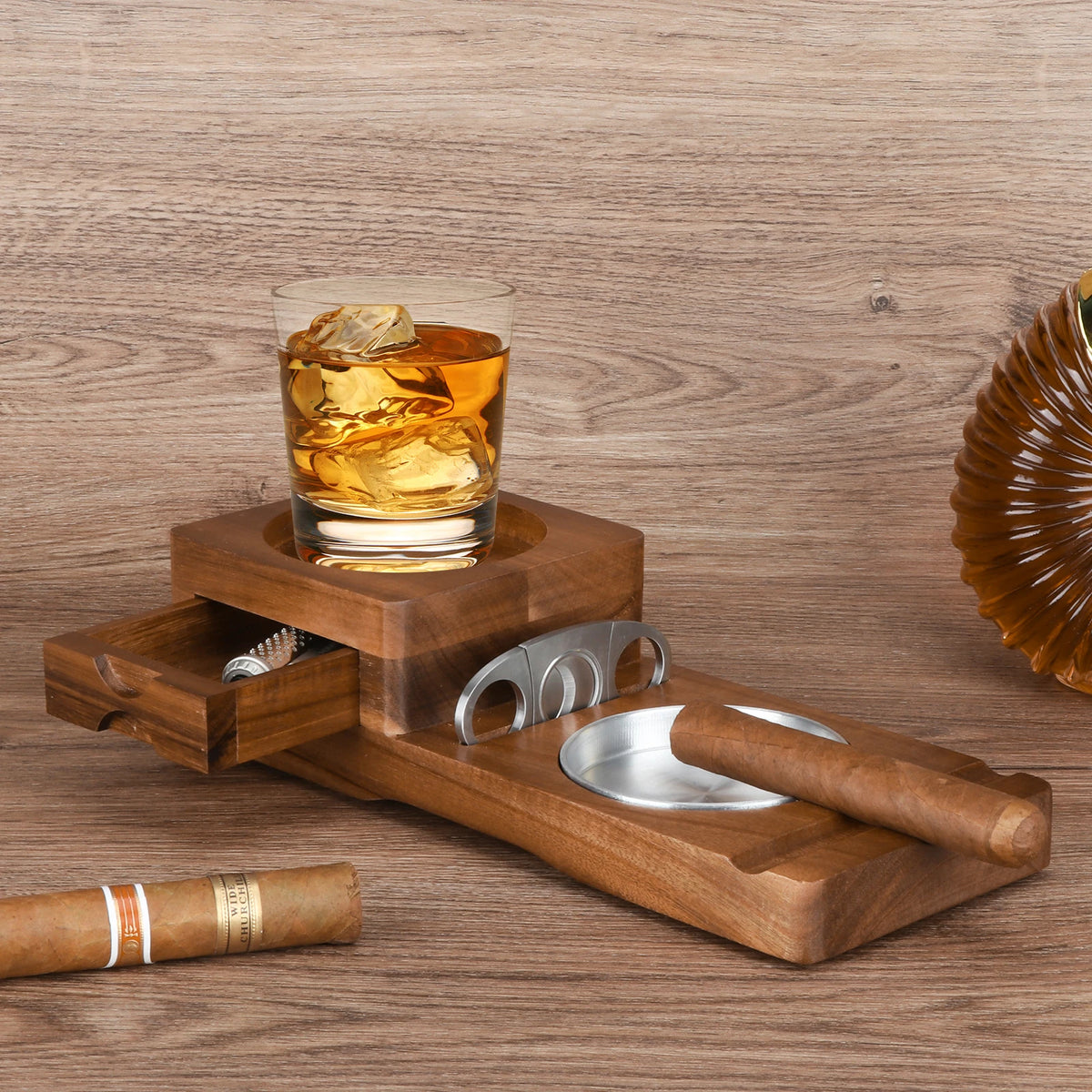 Scotte cigar ashtray tray top-down view showing cigar slot and whiskey coaster area