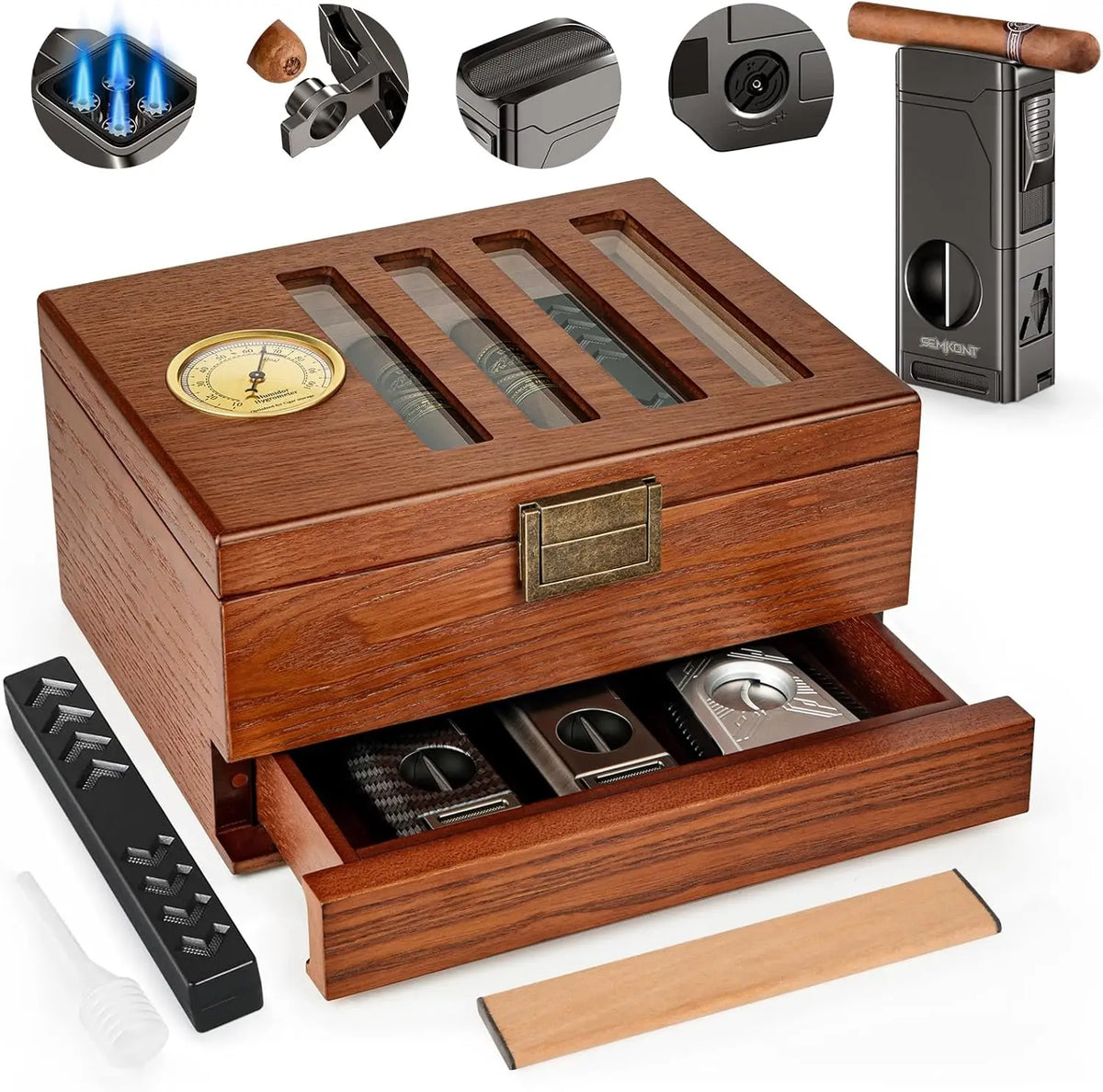 Analog hygrometer built into the glass top lid of the cedar cigar humidor