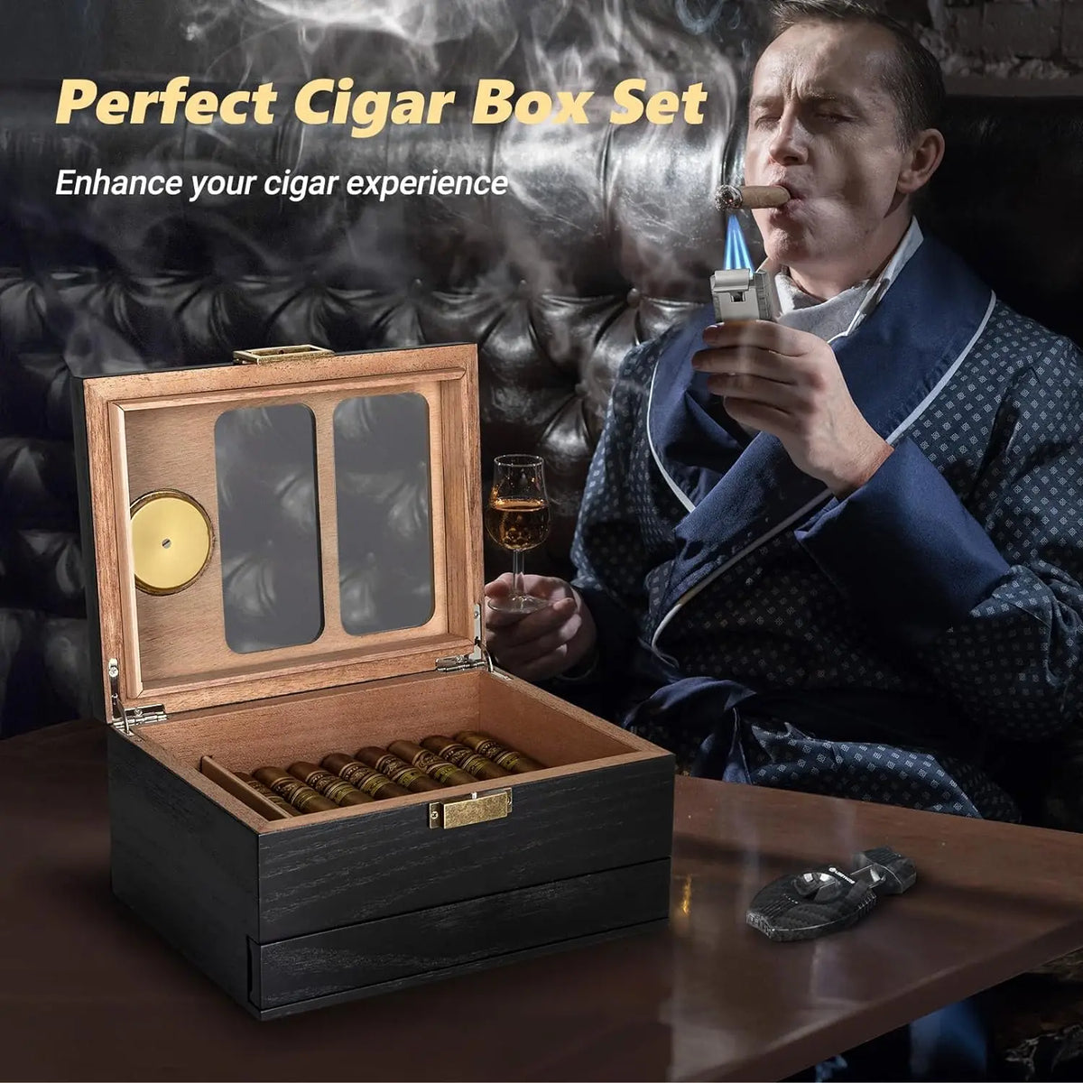 Cedar humidor with hygrometer, lighter and V-cutter laid out as a complete cigar gift set