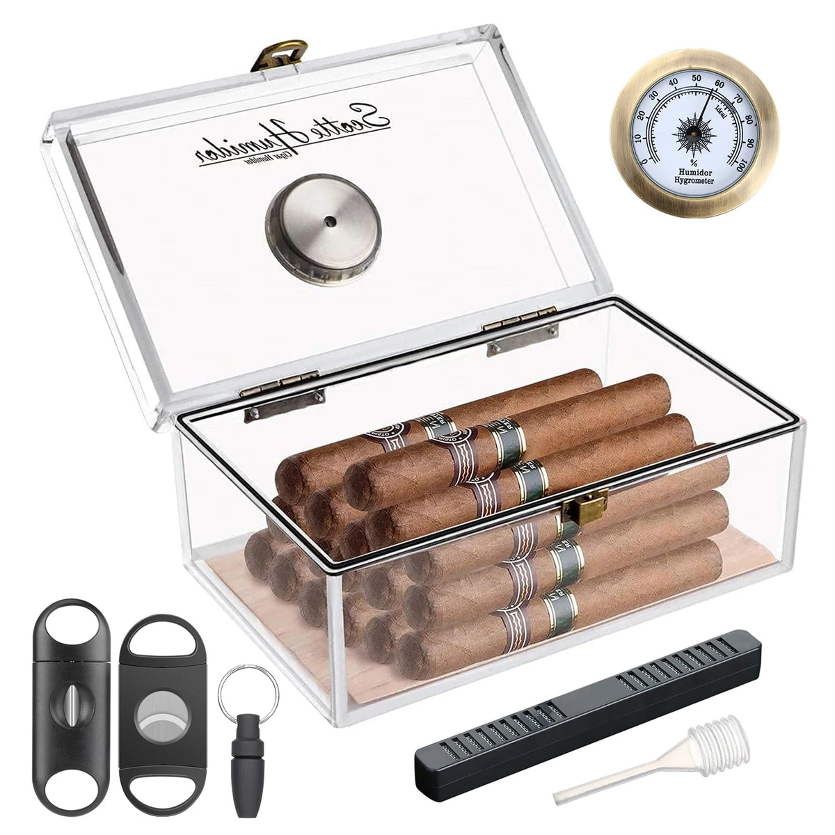 Scotte acrylic cigar box interior showing 20-cigar capacity and humidifier element