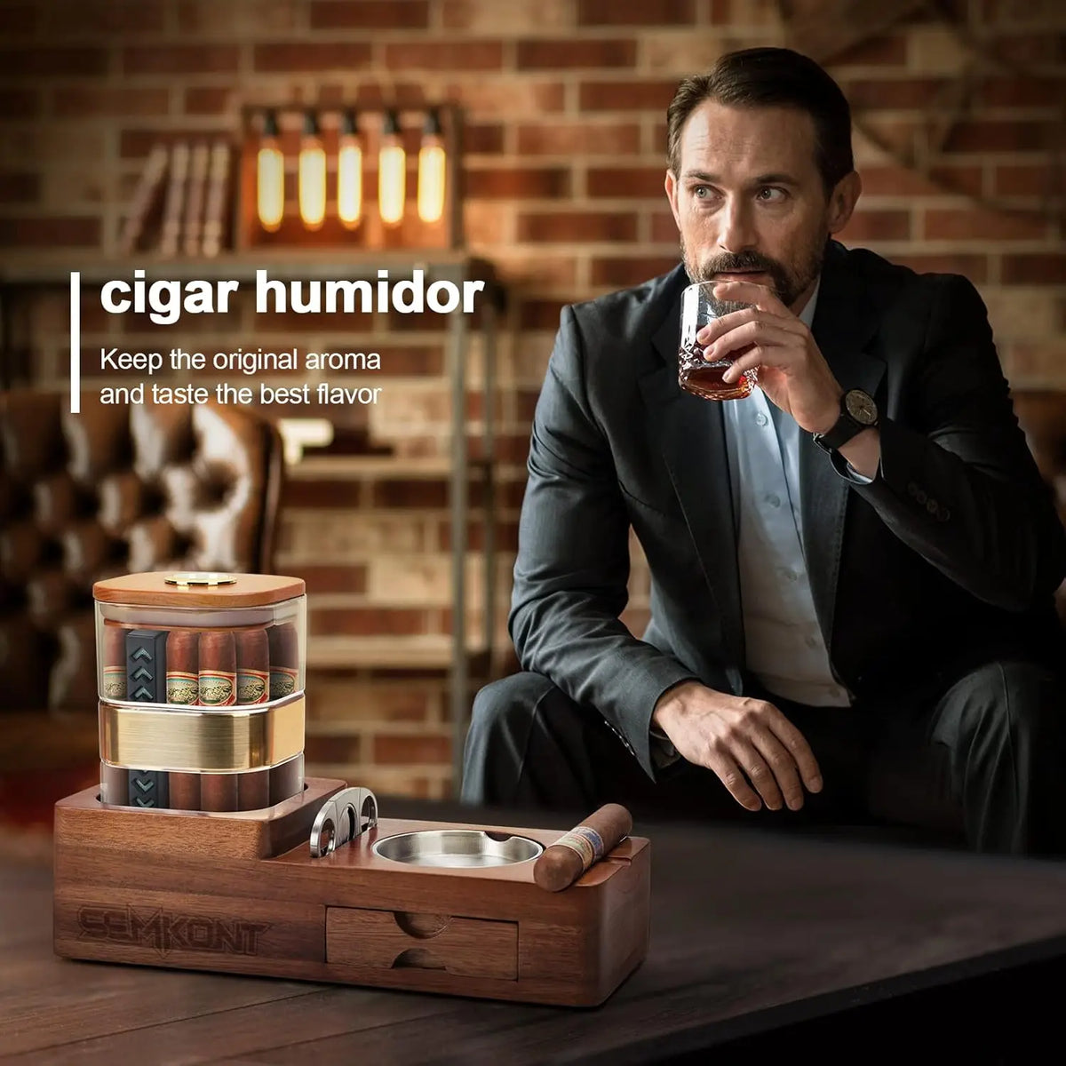 Cigar humidor set top-down view showing jar capacity for 14 to 18 cigars