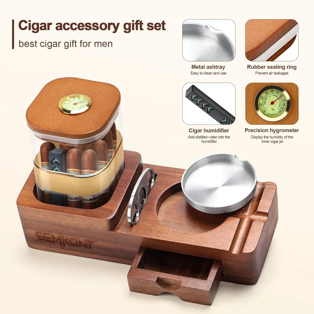 Built-in hygrometer on the cigar humidor set showing humidity reading