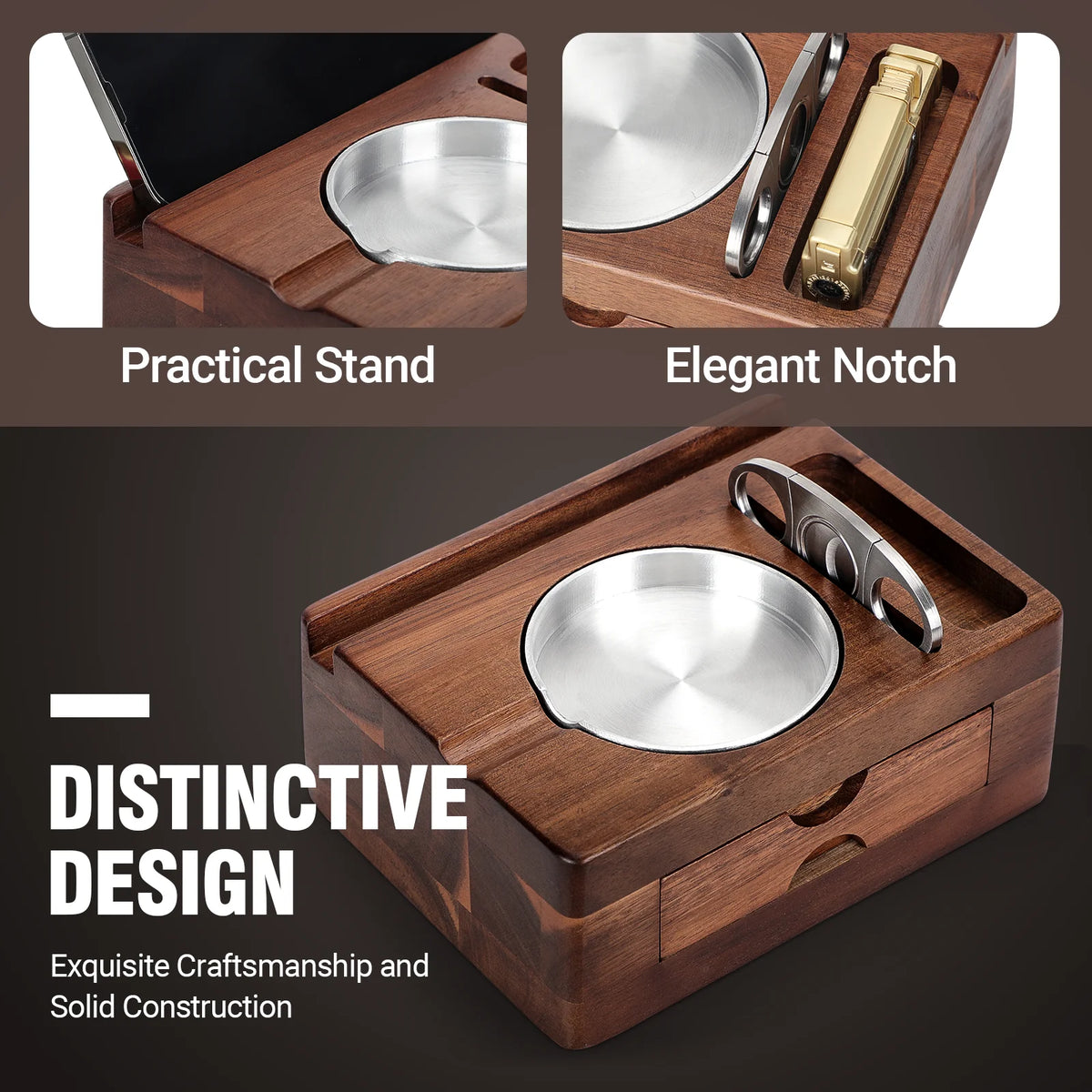 Removable aluminum ash insert lifted from wooden cigar ashtray frame