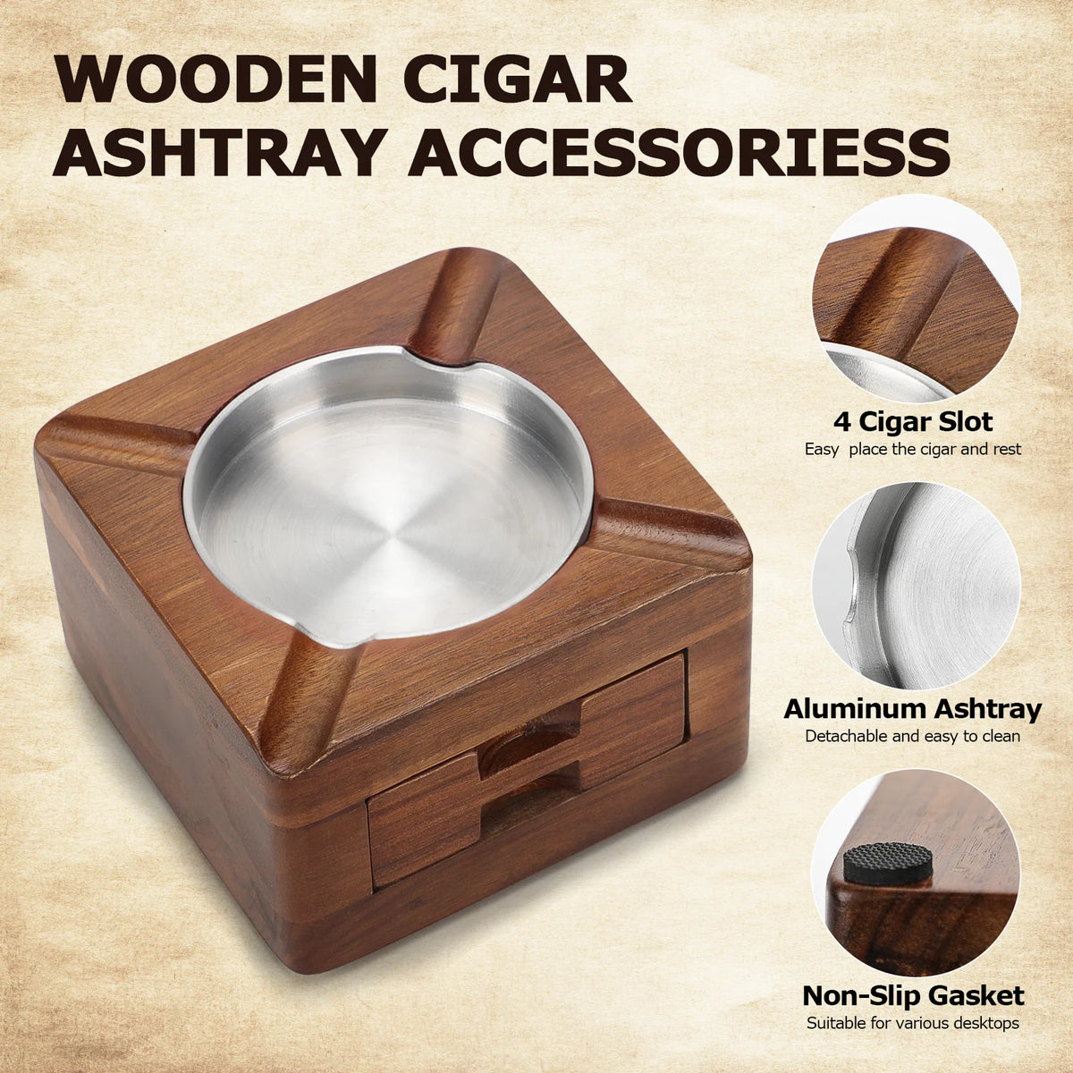 Side view of the wooden cigar ashtray showing the sliding accessory drawer partially open