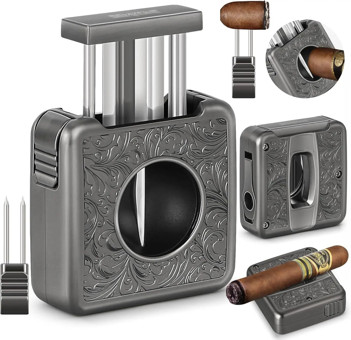 SEMKONT SEM-0816 multifunction cigar cutter open showing V-cut blade and punch arm