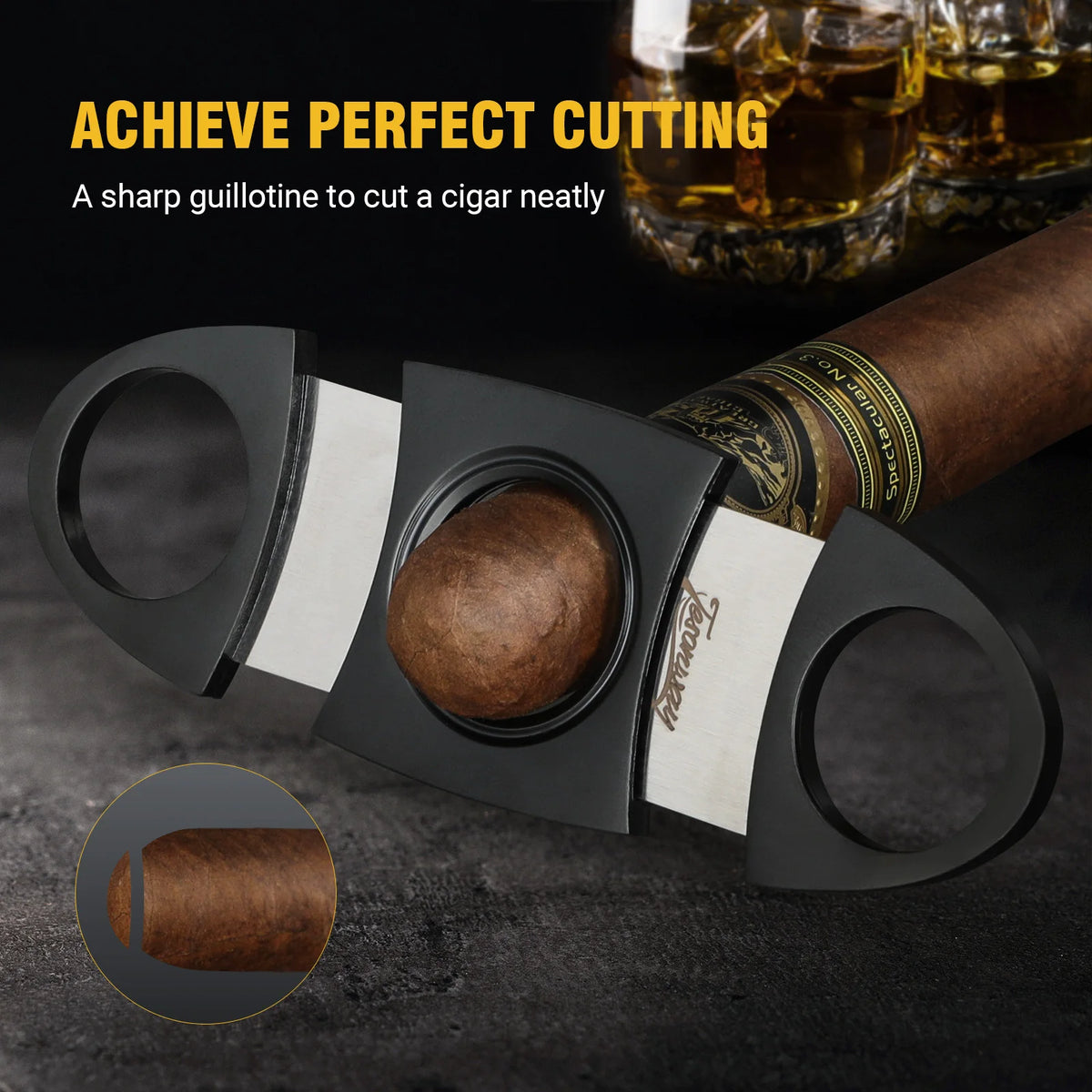Tesonway cigar cutter and leather case laid flat, 9 x 4 cm package size reference