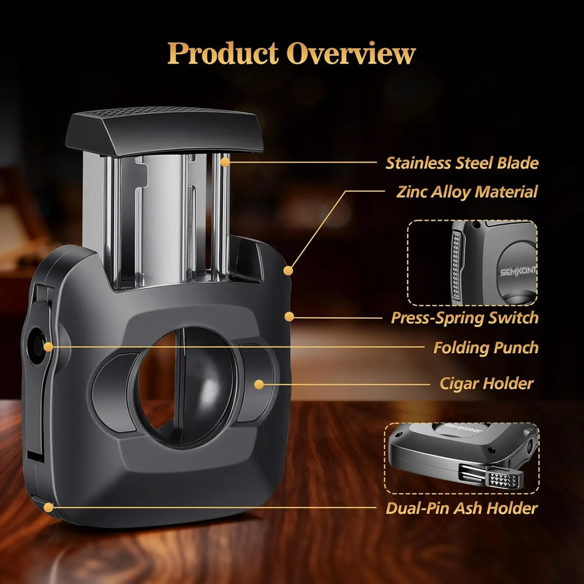 Foldable cigar punch extended, 0.32-inch aperture on zinc-alloy cutter body