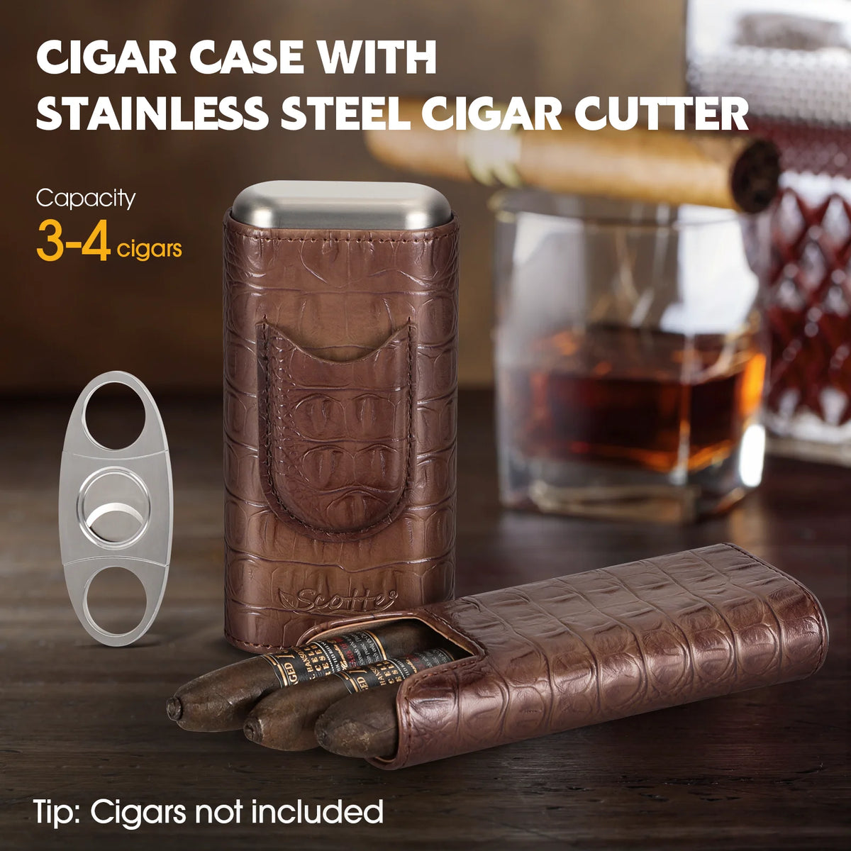 Scotte cigar case open showing three cigars seated in cedar-lined notches