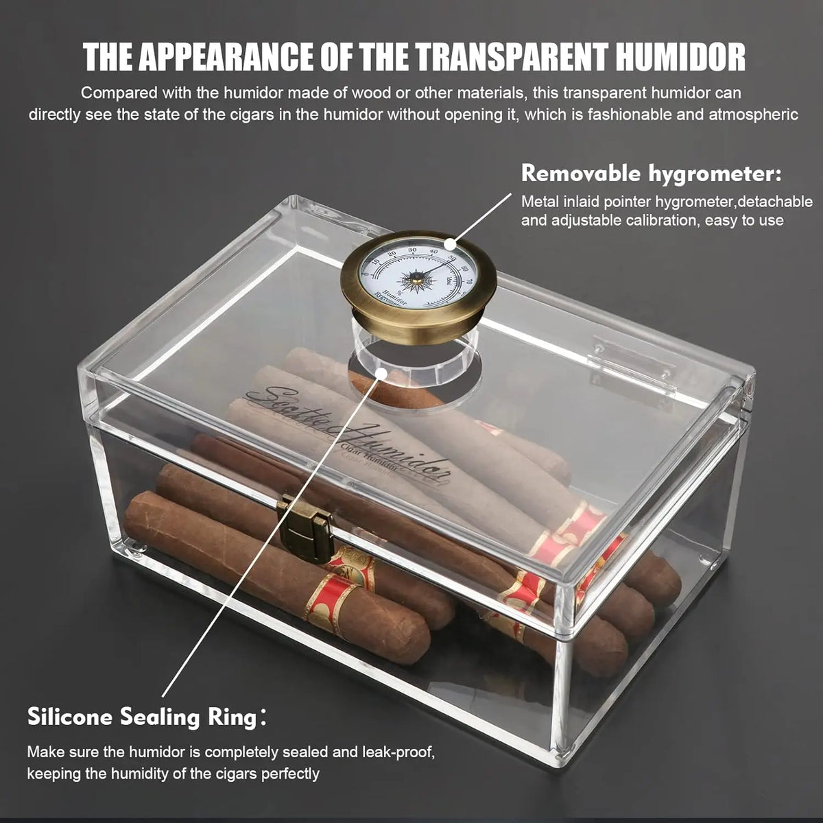 Scotte acrylic humidor side profile showing 8.3 x 5.1 x 3.5 inch dimensions