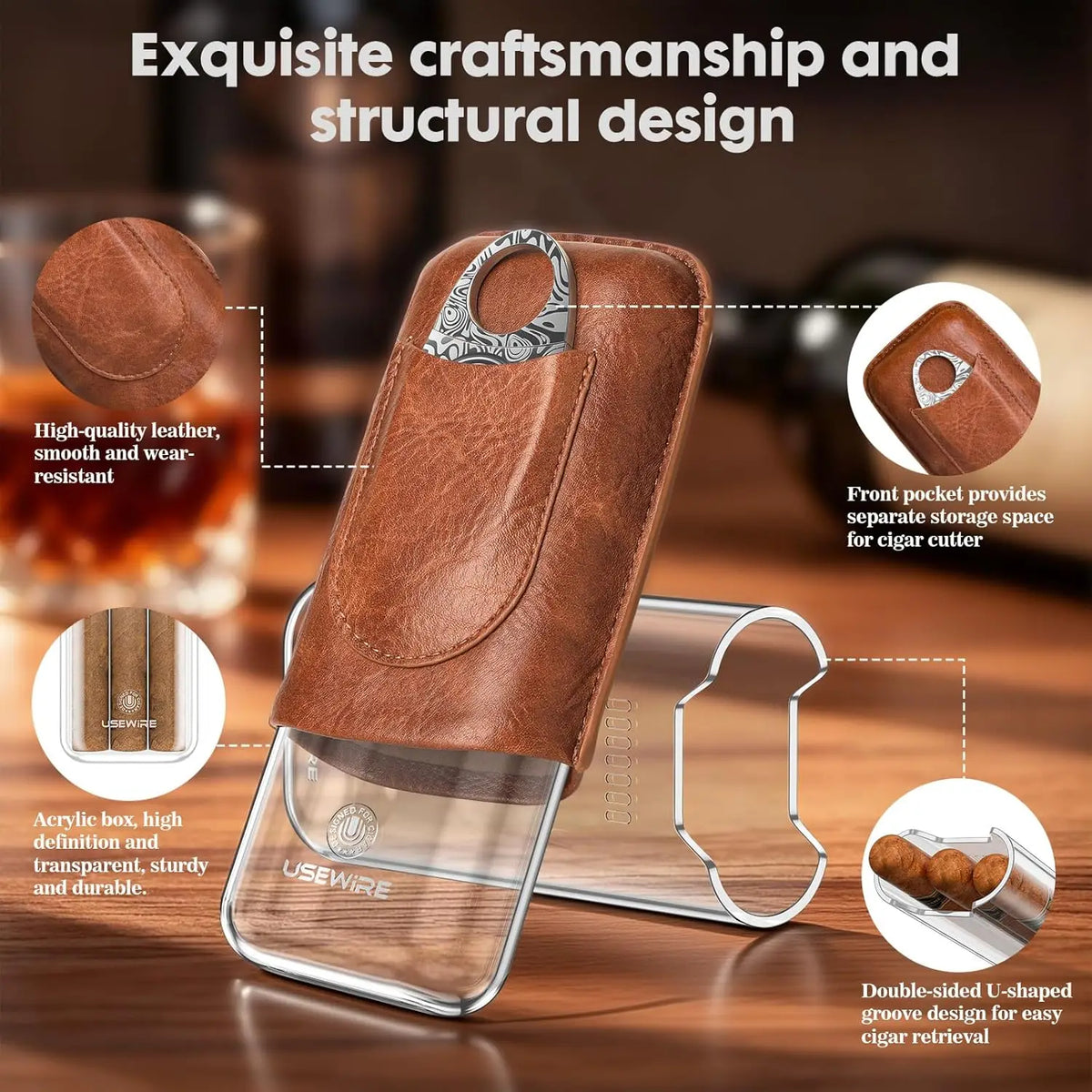 Travel cigar case closed airtight seal detail, brown leather exterior