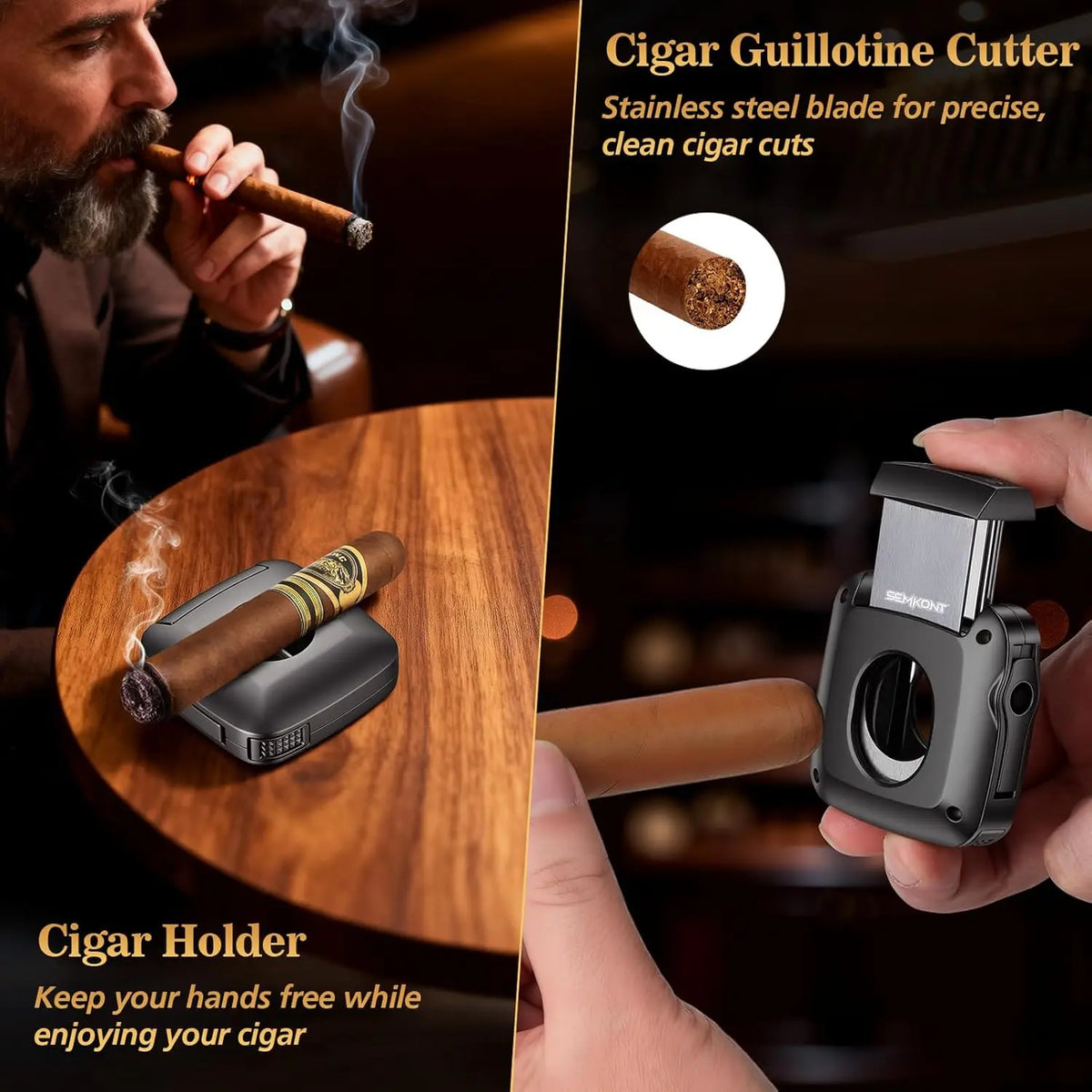 Cigar holder arm deployed on multifunctional stainless steel cutter, gray