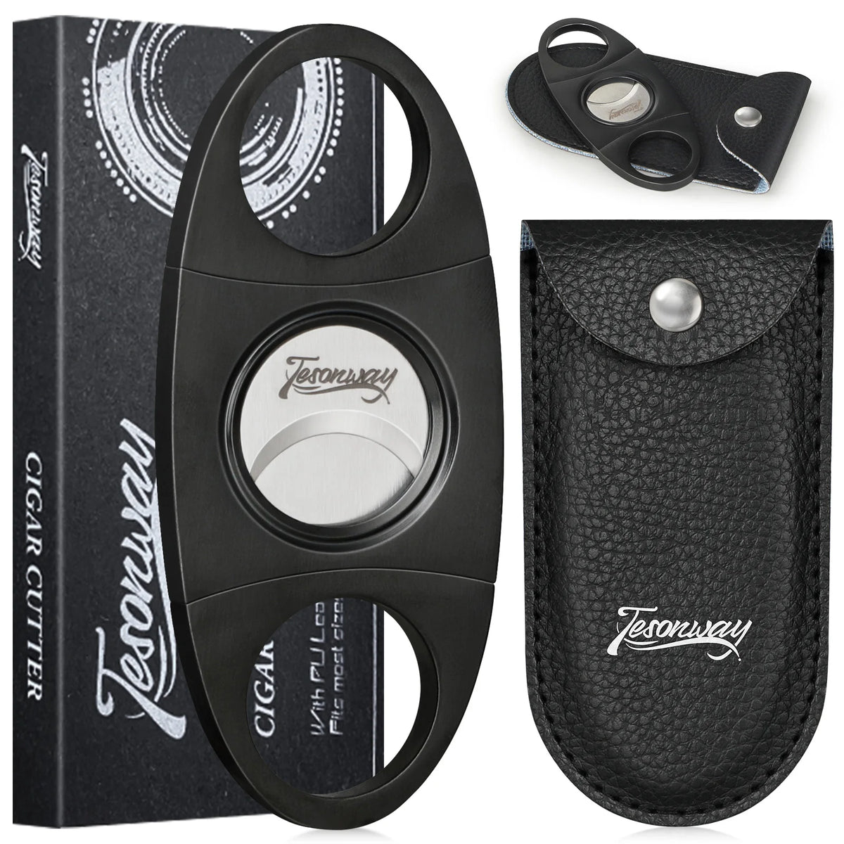 Tesonway cigar cutter blade detail, stainless steel double-blade close-up