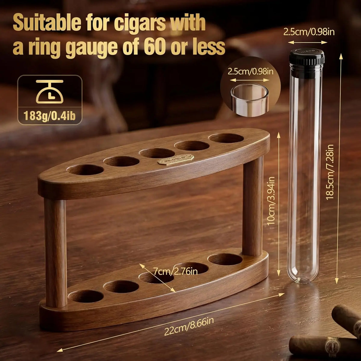 Cigar humidor gift set on a bar cart shelf, lifestyle placement showing acacia stand and five tubes