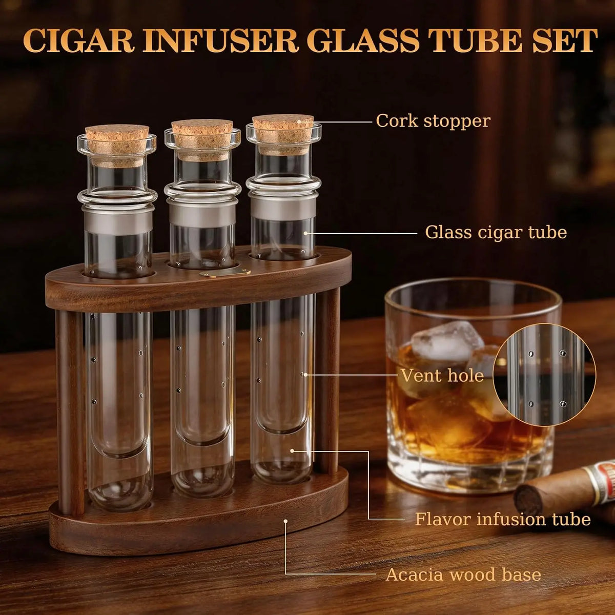 Nested glass tube structure showing inner cigar tube seated inside outer aromatic liquid tube