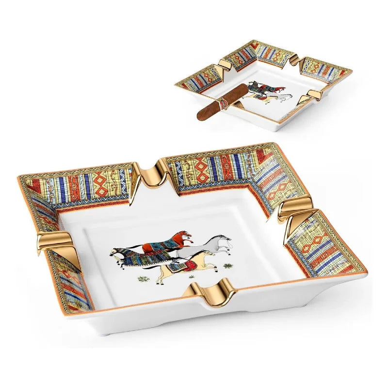 Scotte cigar ashtray gift presentation, ivory ceramic with gold trim, 700g weight