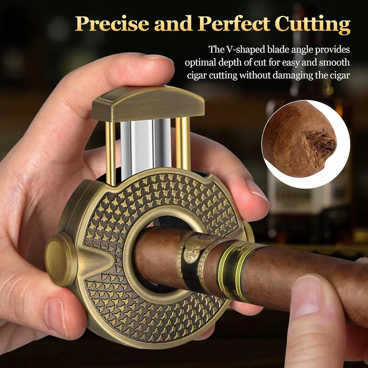 V-cut blade detail on Scotte round cigar cutter, double-edged stainless steel slot