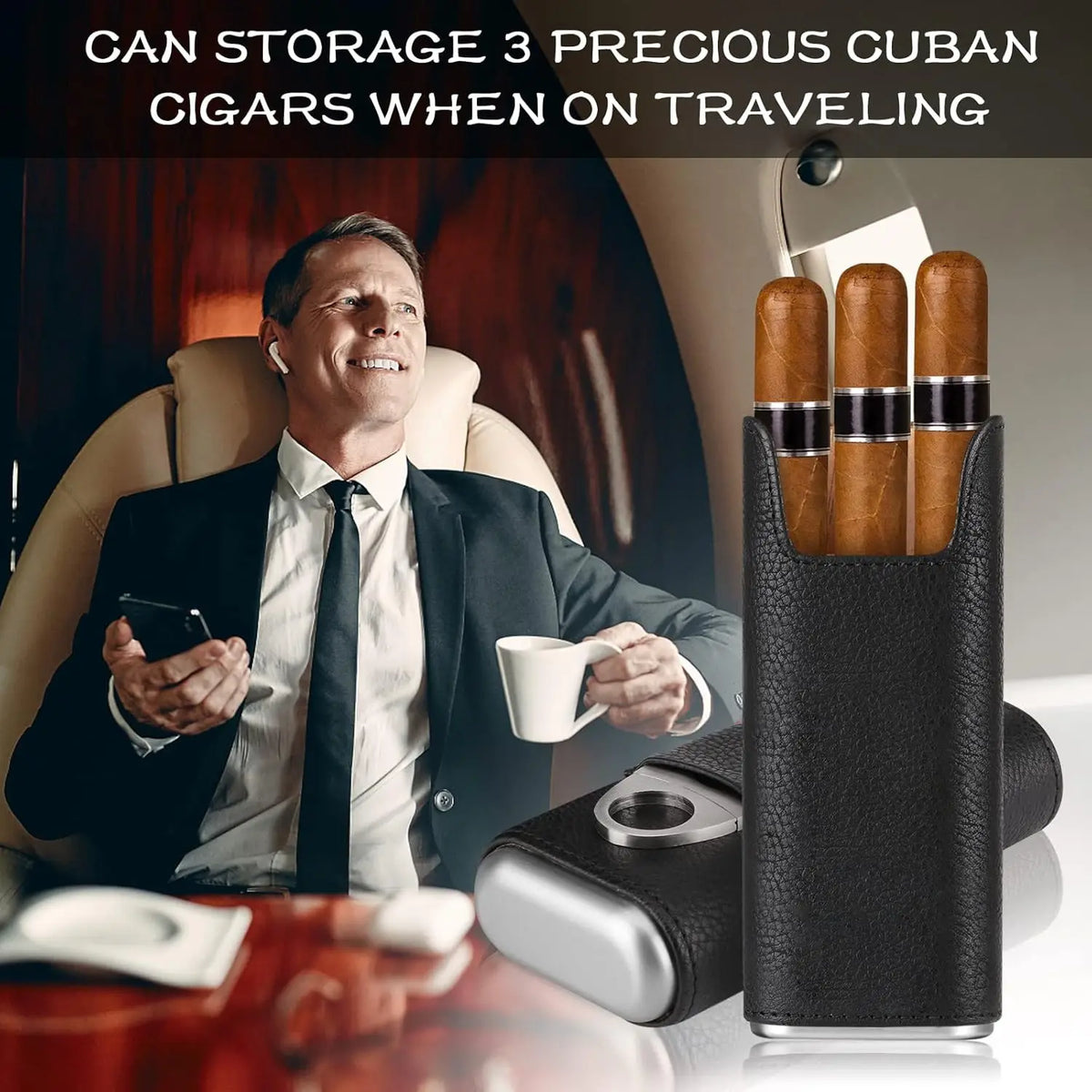 Leather cigar case gift set presentation, black finish with cutter alongside