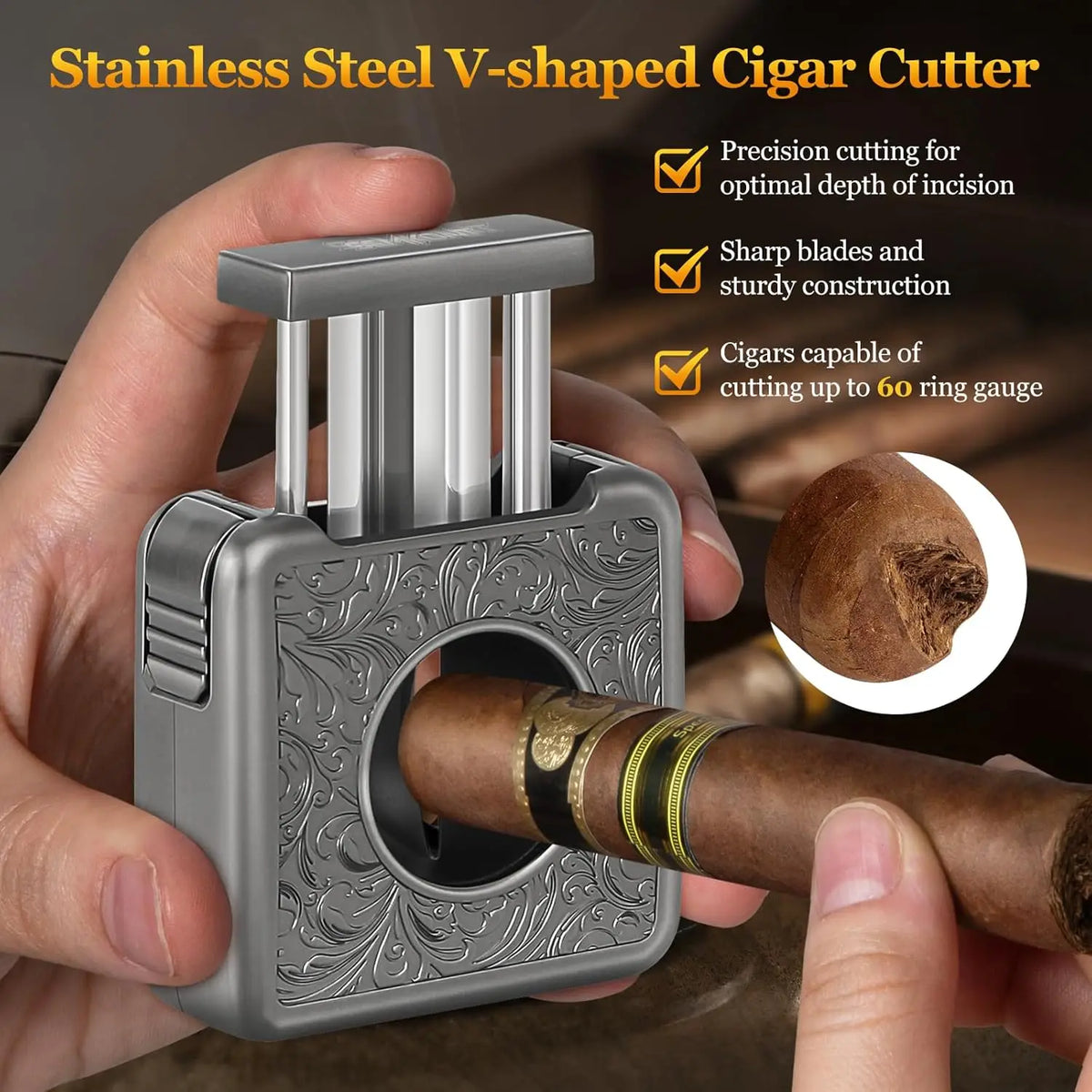 Yellow variant of the SEMKONT 4-in-1 cigar cutter with floral engraved finish