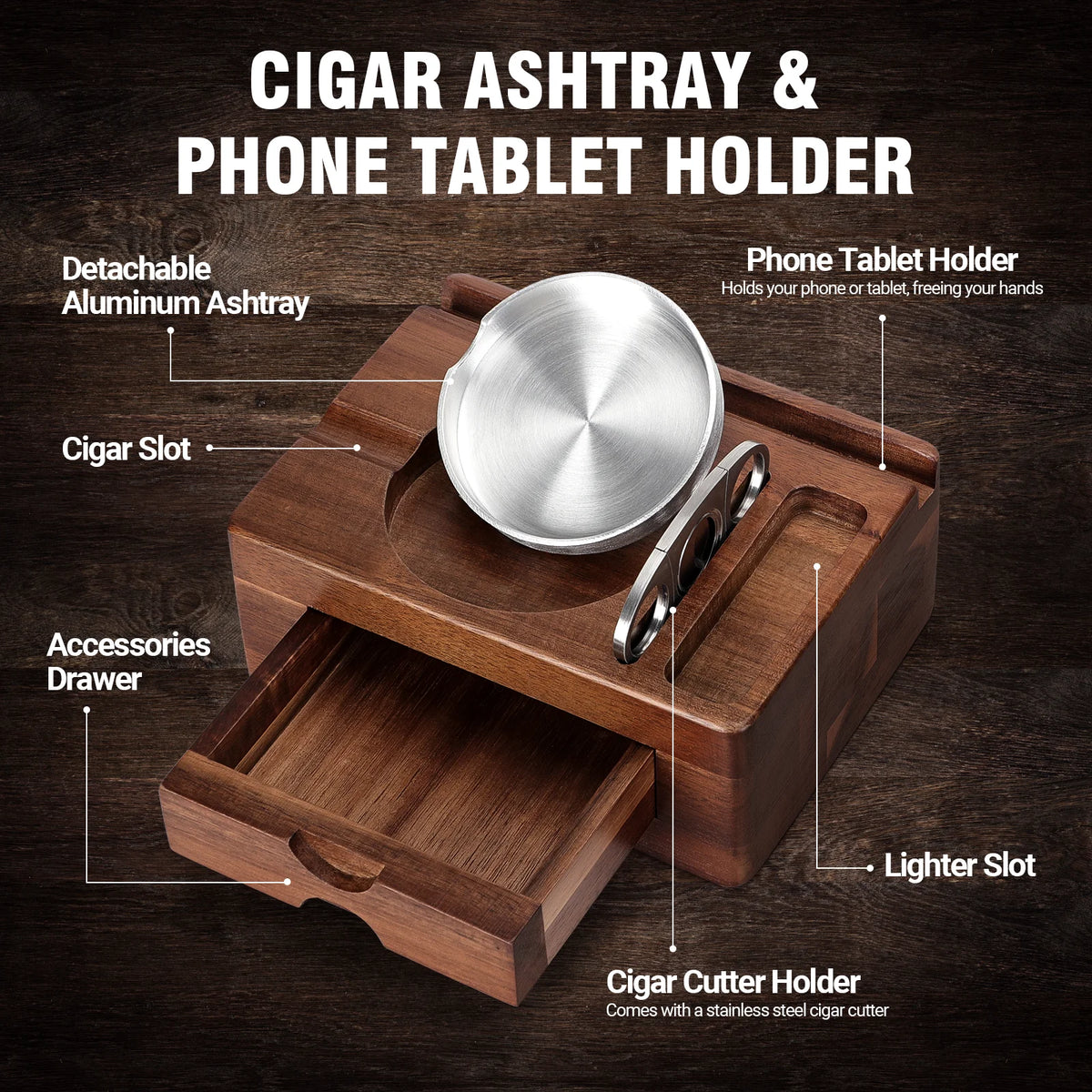 Side drawer open on wooden cigar ashtray showing accessory storage space