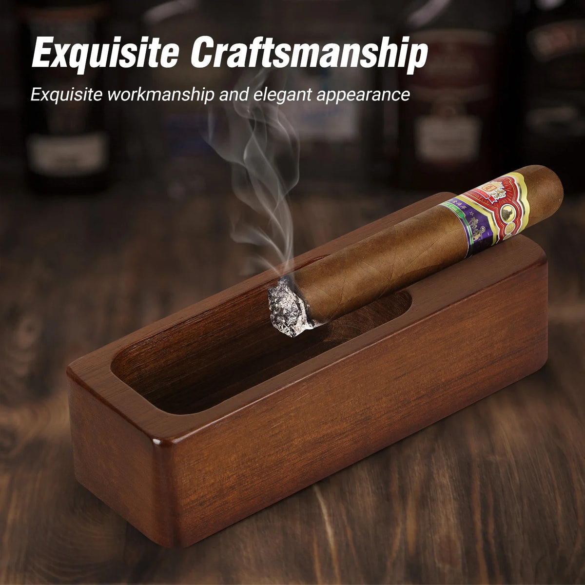 Wood grain cigar ashtray top view showing cigar rest notch