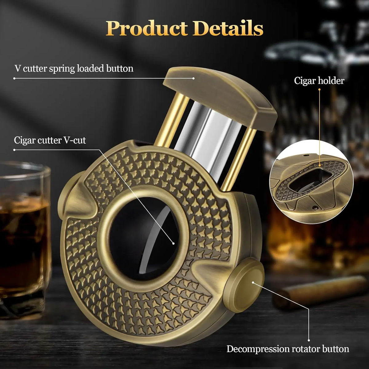 Decompression spinner rotor on reverse face of Scotte 3-in-1 cigar cutter