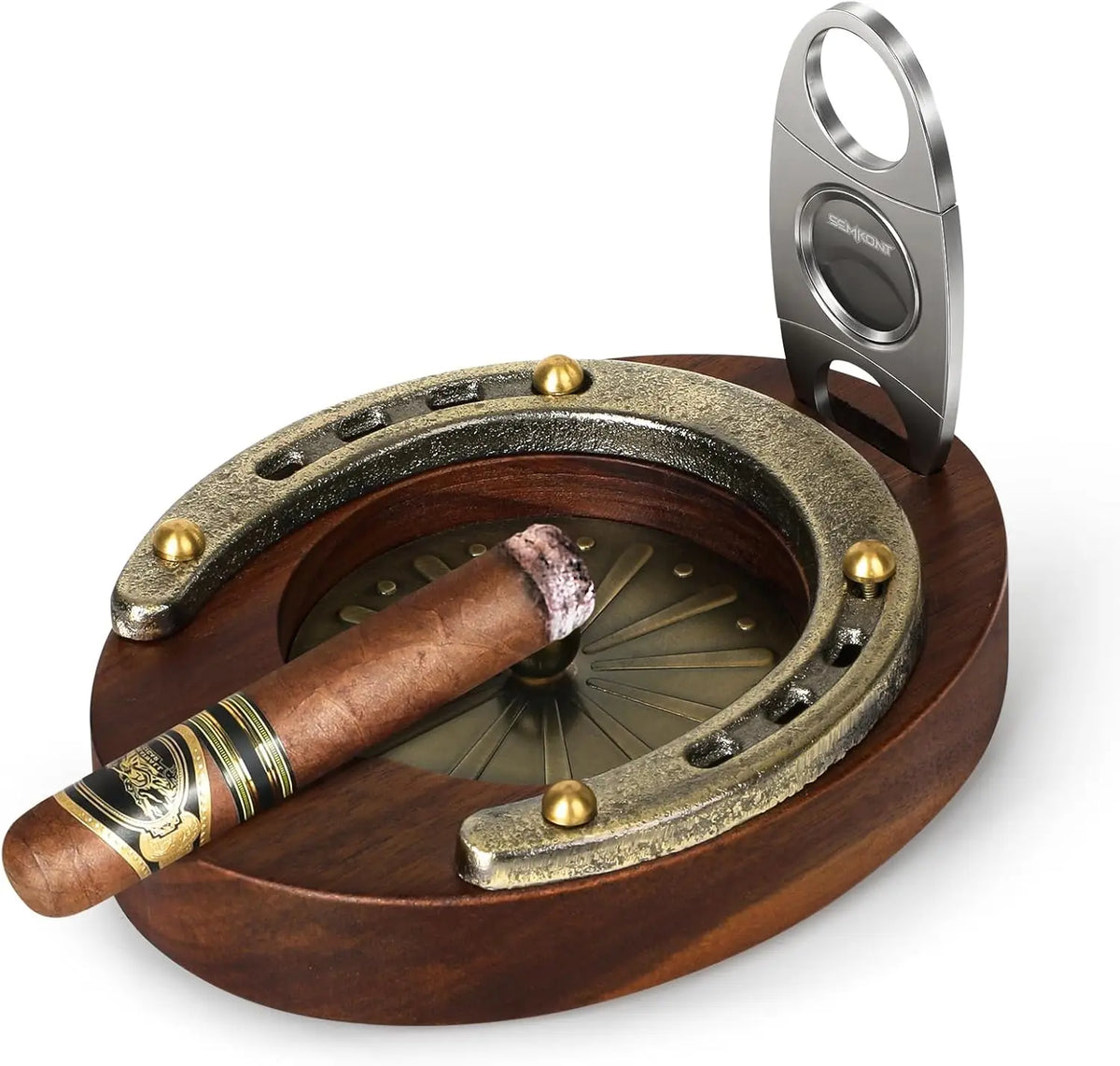 Horseshoe Cigar Ashtray with Whiskey Tray and Cutter