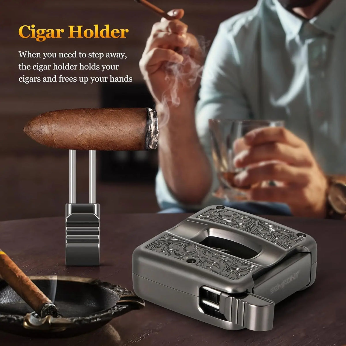 Cigar holder function demonstrated with a 60 ring gauge cigar resting in the cutter