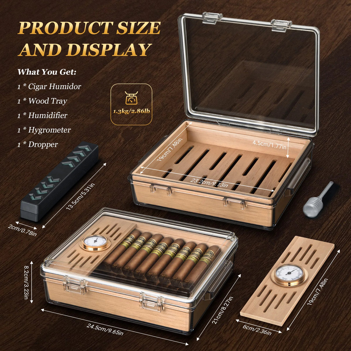 Acrylic cigar humidor box contents: humidifier, hygrometer, cedar tray included