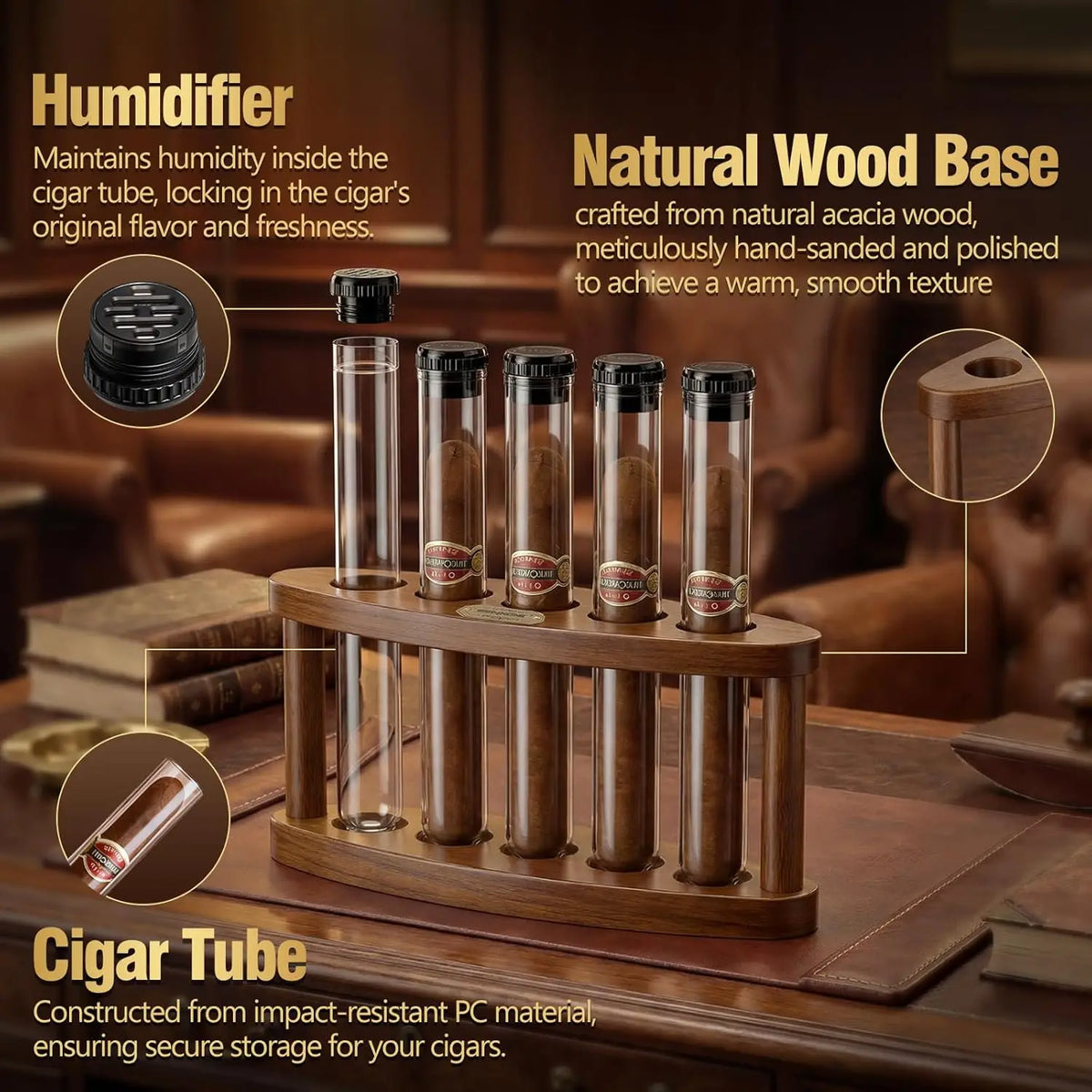 Five cigar tubes seated in acacia wood desktop stand, transparent walls showing cigar wrappers