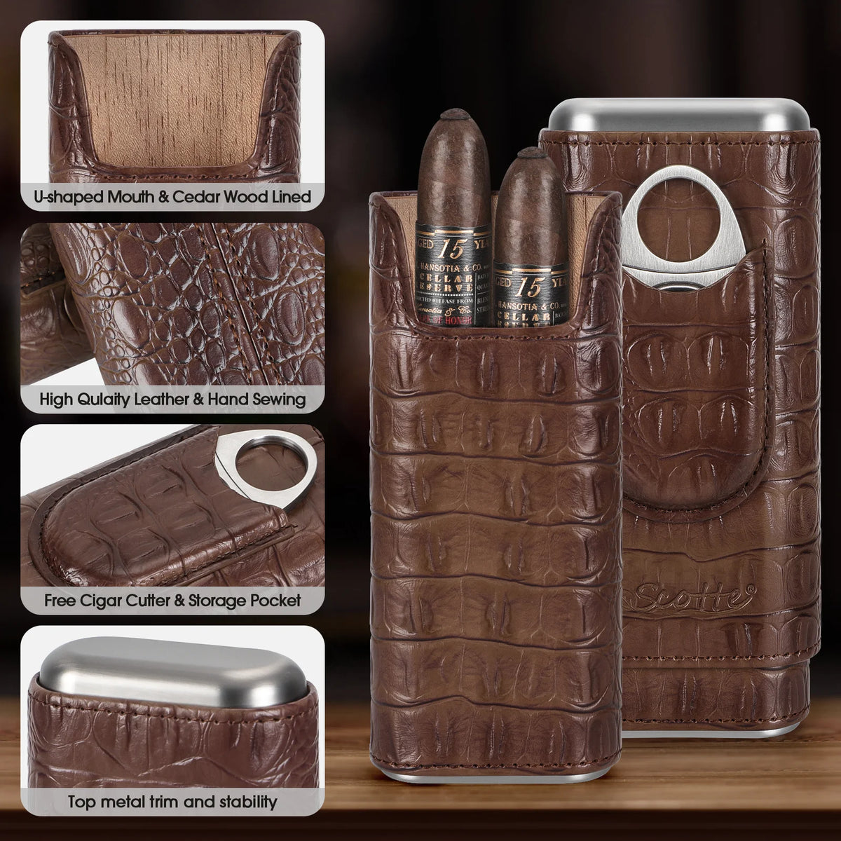 Exterior slide pocket of the Scotte leather cigar case holding the included double-blade cutter
