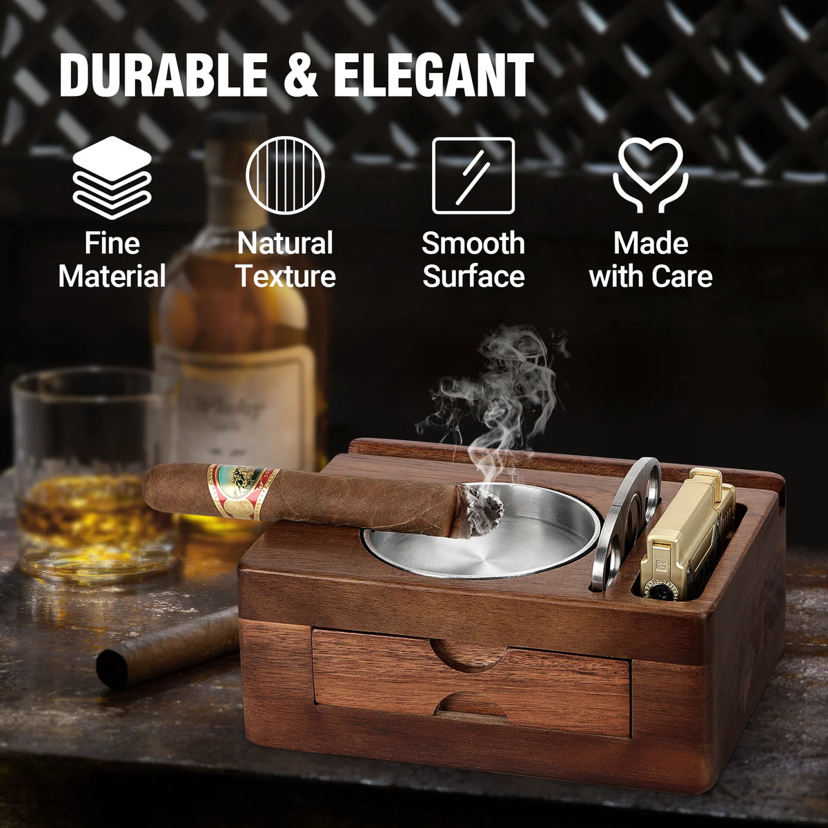 Stainless steel guillotine cigar cutter included with wooden ashtray set