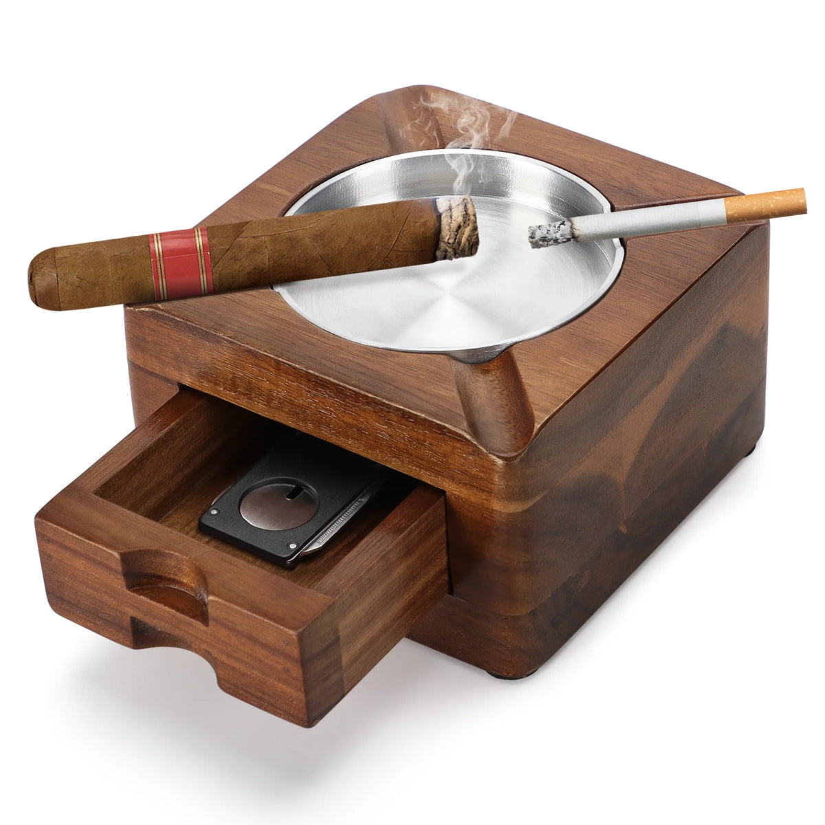 Wooden cigar ashtray with 4 slots next to a desktop humidor, indoor cigar setup